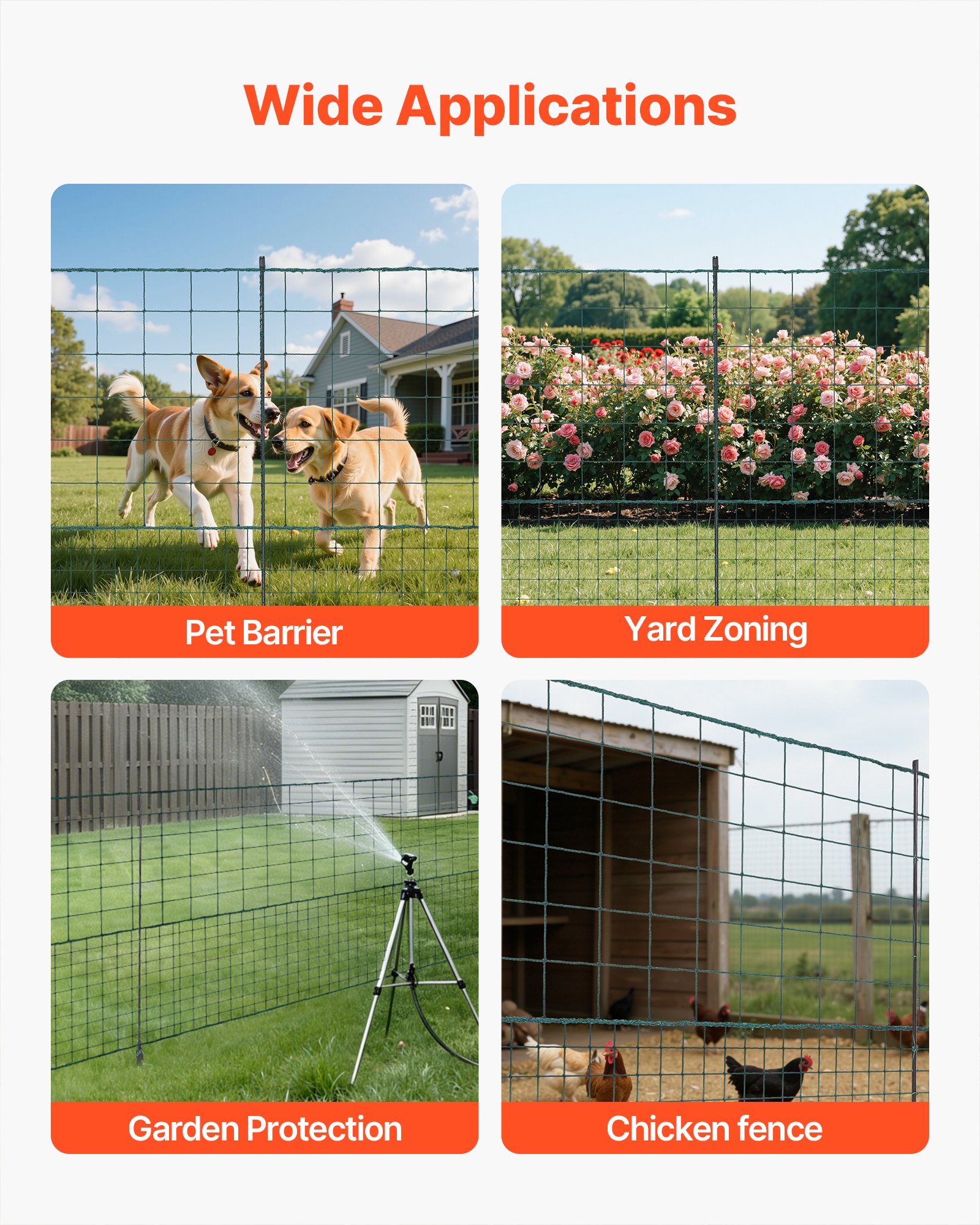 VEVOR Begrenzungszaun 25x1,05 m, Weidezaun aus PE, Mobiler Hundezaun mit Doppelspitzenpfählen & Abspannseilen, Hühnerzaun, Gartenzaun, Campingzaun für Hunde, Hühner, Pflanzen, Außenbereiche