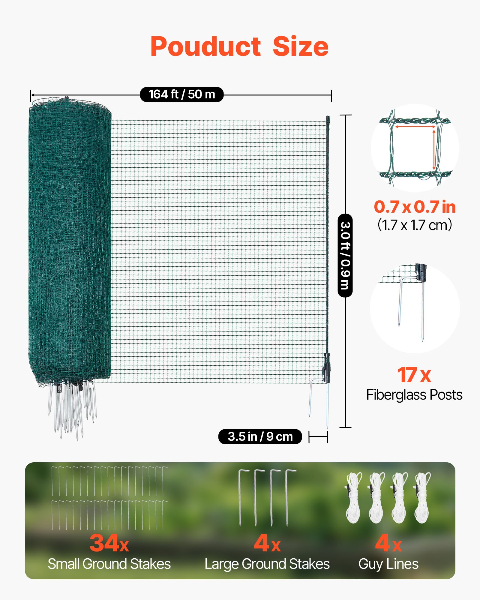 VEVOR Begrenzungszaun 50x0,9 m, Weidezaun aus PE, Mobiler Hundezaun mit Doppelspitzenpfählen & Abspannseilen, Hühnerzaun, Gartenzaun, Campingzaun für Hunde, Hühner, Pflanzen, Außenbereiche