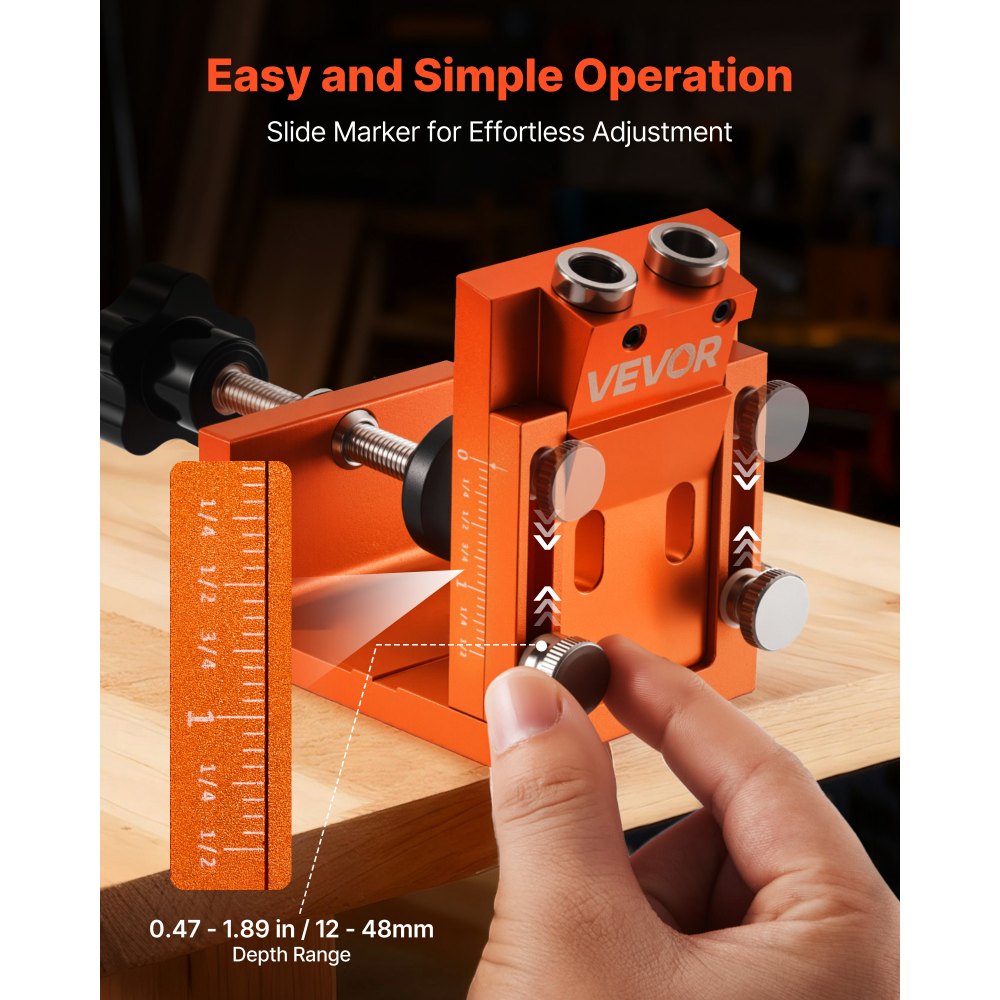 VEVOR Pocket Hole Jig Set Taschenloch-Vorrichtungssatz 12-48 mm Vorrichtungs-Taschenlochsystem mit Stufenbohrer, Sechskantschlüssel, Bohrstoppring, Vierkant-Antriebsbit, Dübel und Schrauben
