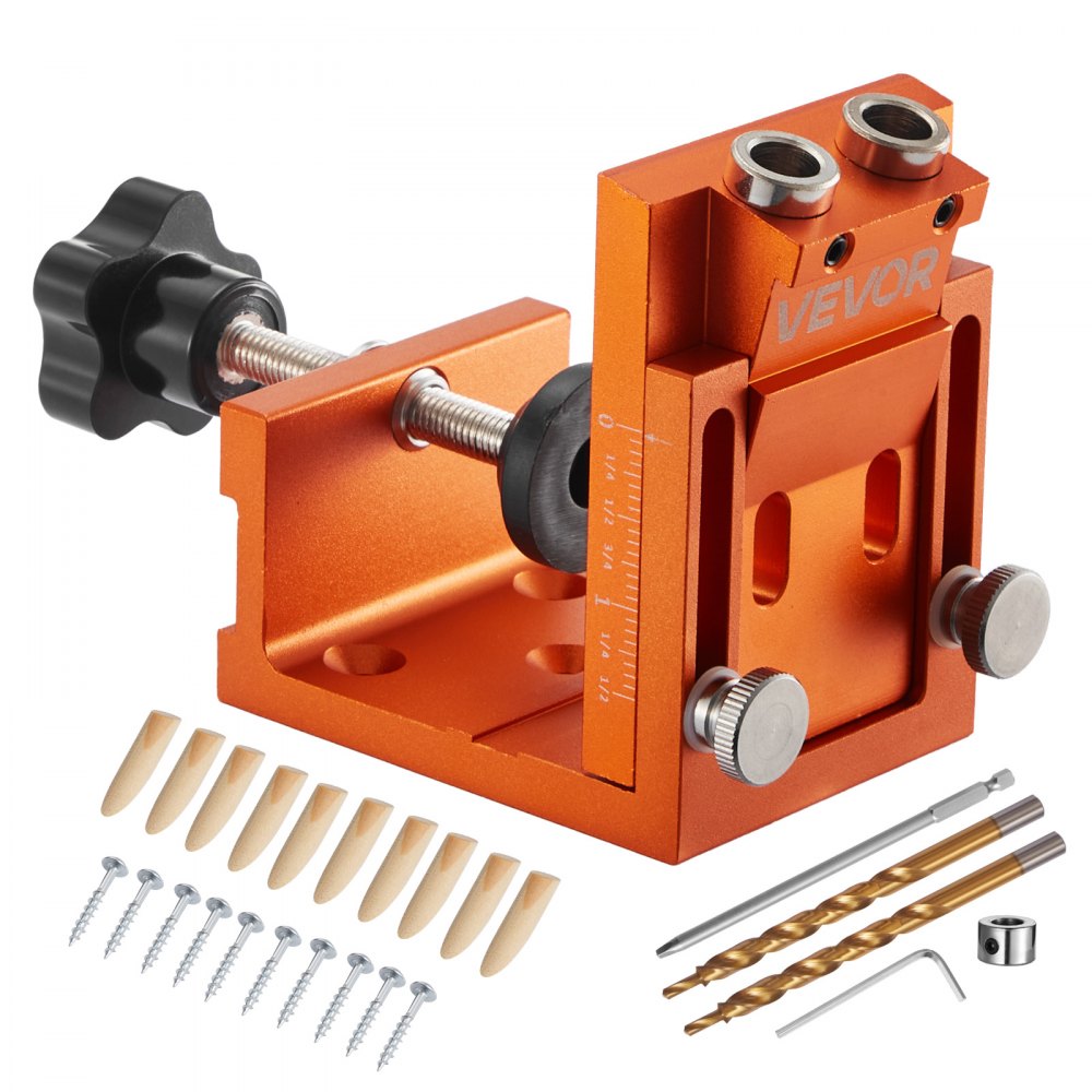 VEVOR Pocket Hole Jig Set Taschenloch-Vorrichtungssatz 12-48 mm Vorrichtungs-Taschenlochsystem mit Stufenbohrer, Sechskantschlüssel, Bohrstoppring, Vierkant-Antriebsbit, Dübel und Schrauben