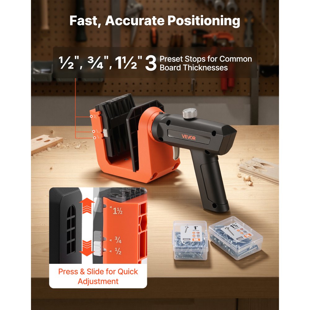 VEVOR Pocket Hole Jig Kit, 12.7 / 19 / 38.1 mm Adjustable, 360° Rotating Handle, Jig Pocket Hole System with 260 Screws, C-Clamp, Stop Collar, Drill Bit, Easy Clamping and Adjusting, for Woodworking