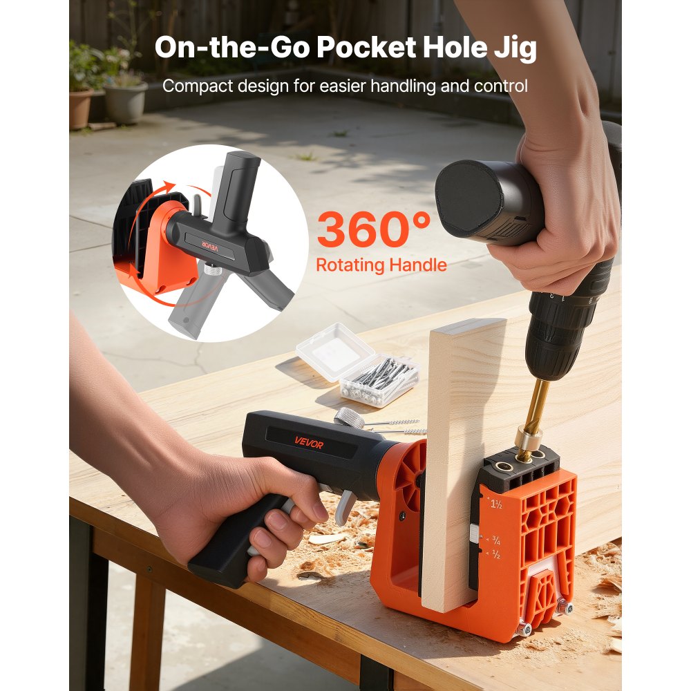 VEVOR Pocket Hole Jig Kit, 12.7 / 19 / 38.1 mm Adjustable, 360° Rotating Handle, Jig Pocket Hole System with 260 Screws, C-Clamp, Stop Collar, Drill Bit, Easy Clamping and Adjusting, for Woodworking