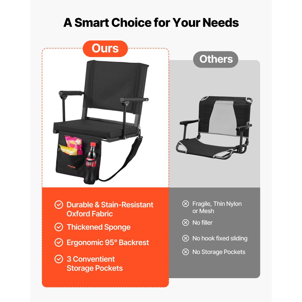 VEVOR Stadium Seat, Portable Bleacher Seat with Armrest, Back Support and Thick Cushion, Bench Chair for Bleacher Includes Shoulder Strap, Hooks, Cup Holder, Black Football Bleachers Seats, 1PCS