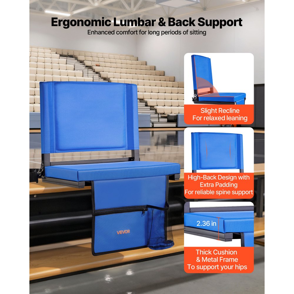 VEVOR Stadium Seat, Folding Bleacher Seat with Back Support & Thick Cushion, Padded Stadium Seats for Bleacher Includes Shoulder Strap, Hooks, Cup Holder, and Side Pocket, Blue Bleachers Chair