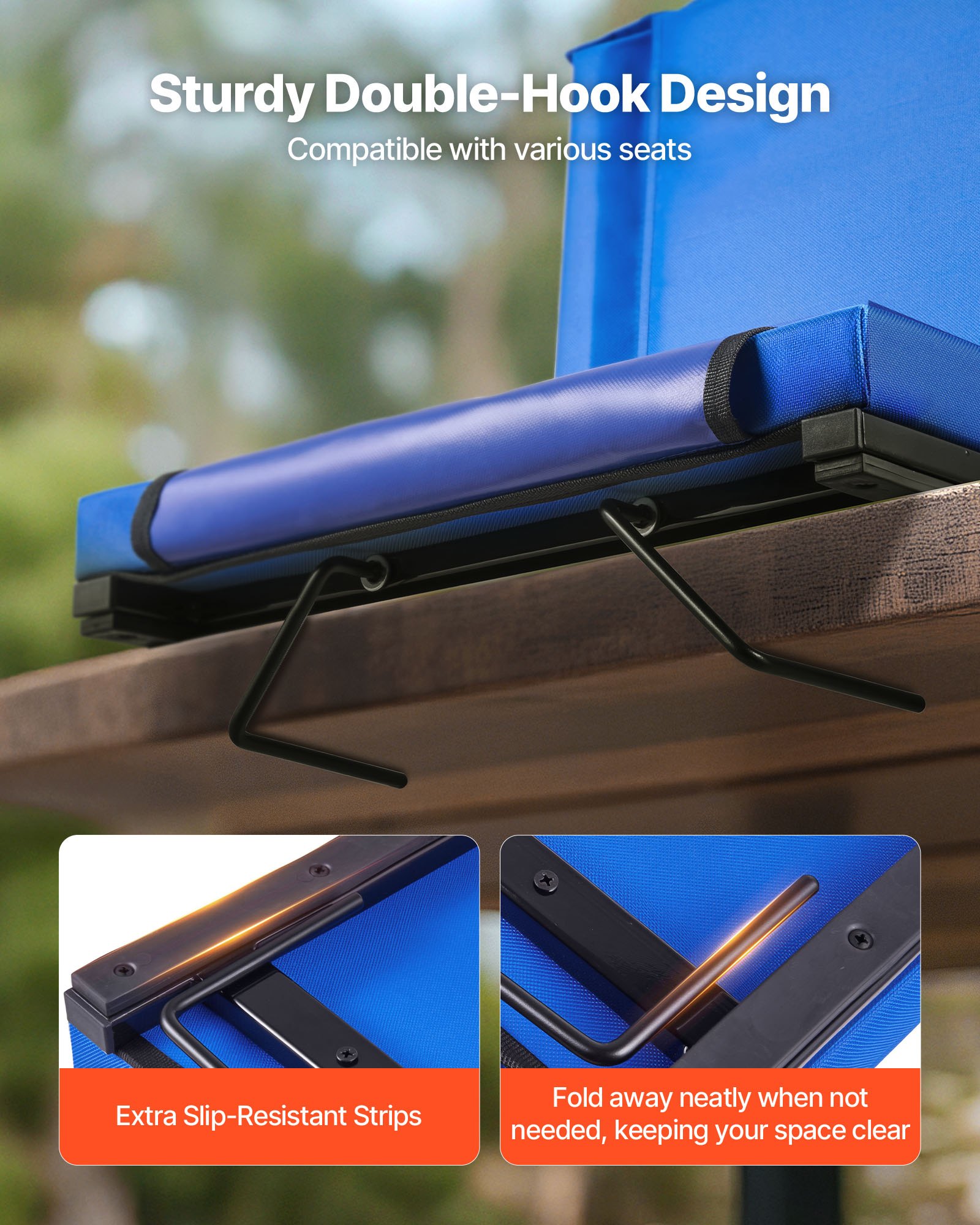 VEVOR Stadium Seat, Folding Bleacher Seat with Back Support & Thick Cushion, Padded Stadium Seats for Bleacher Includes Shoulder Strap, Hooks, Cup Holder, and Side Pocket, Blue Bleachers Chair