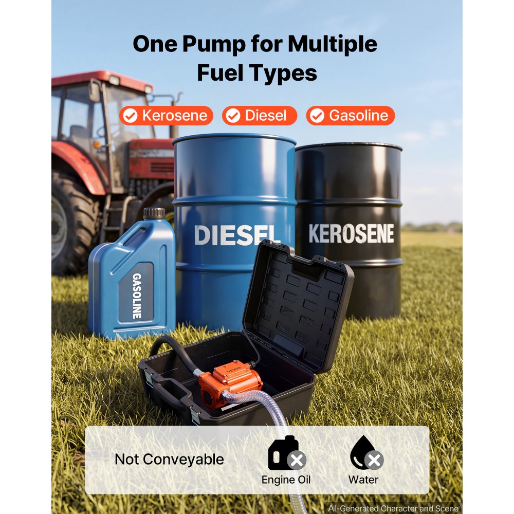 VEVOR Kraftstoffförderpumpe 12 V DC 12 GPM Elektrische Dieselpumpen-Set für Benzin, Diesel und Kerosin, 1/4 PS Motor, Gusseisengehäuse, mit Manueller Zapfpistole, Förderschlauch und Filtersieb