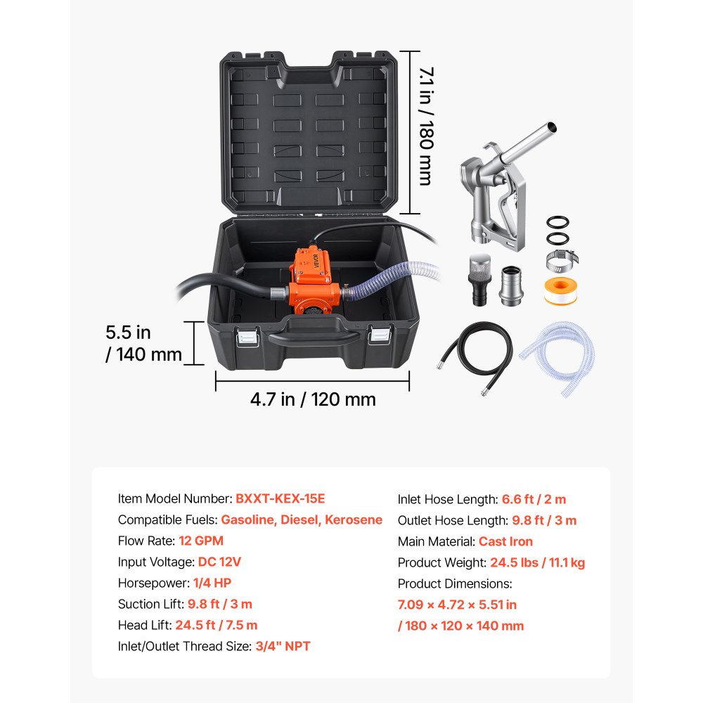 VEVOR Kraftstoffförderpumpe 12 V DC 12 GPM Elektrische Dieselpumpen-Set für Benzin, Diesel und Kerosin, 1/4 PS Motor, Gusseisengehäuse, mit Manueller Zapfpistole, Förderschlauch und Filtersieb