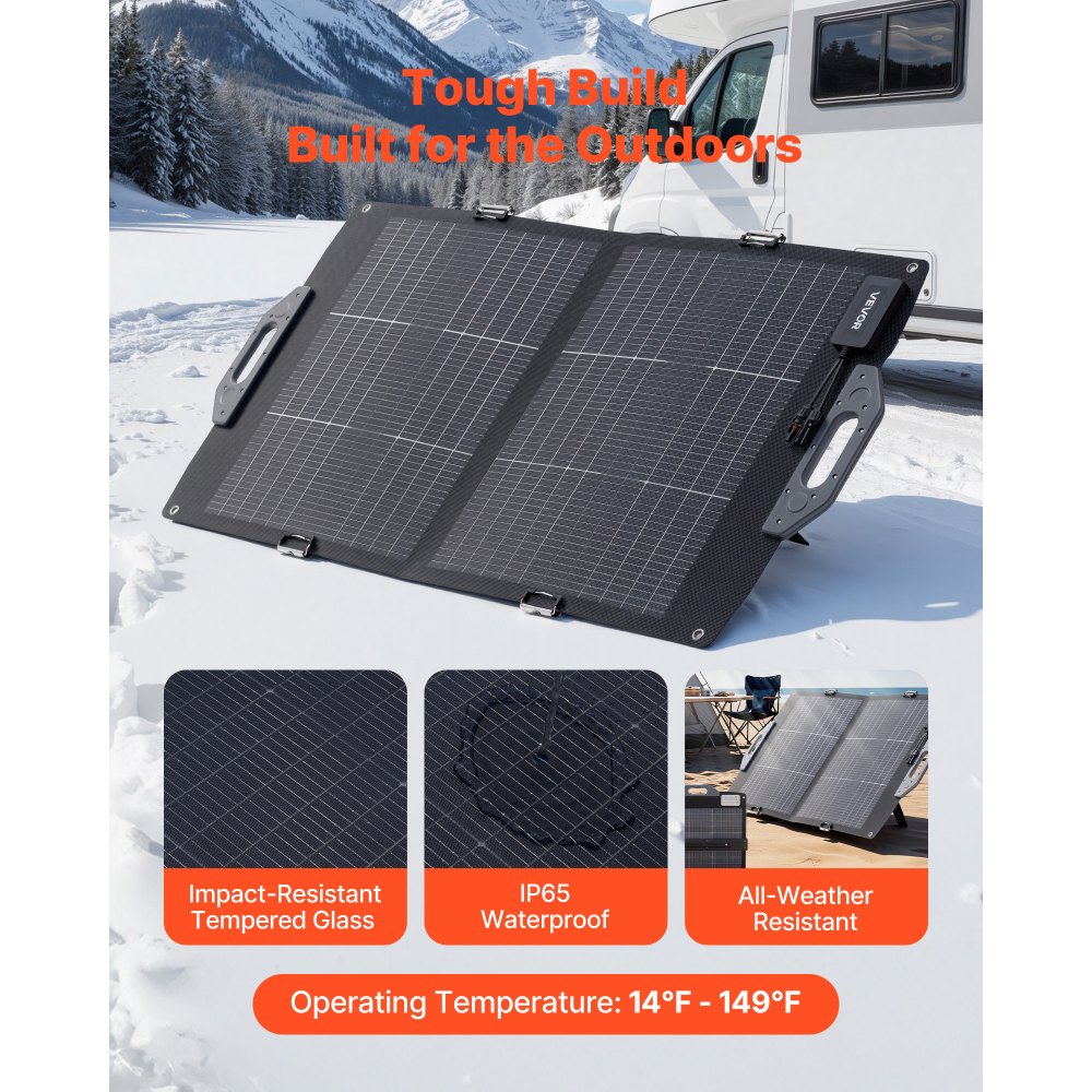 VEVOR Faltbares Solarpanel 100W, 16BB N-Typ Bifaziales Monokristallines Solarmodul mit Ladegerät, 24 % Wirkungsgrad, mit MC4-Ausgang, USB-A (QC3.0), Typ-C- & DC-Anschlüssen für Powerstations