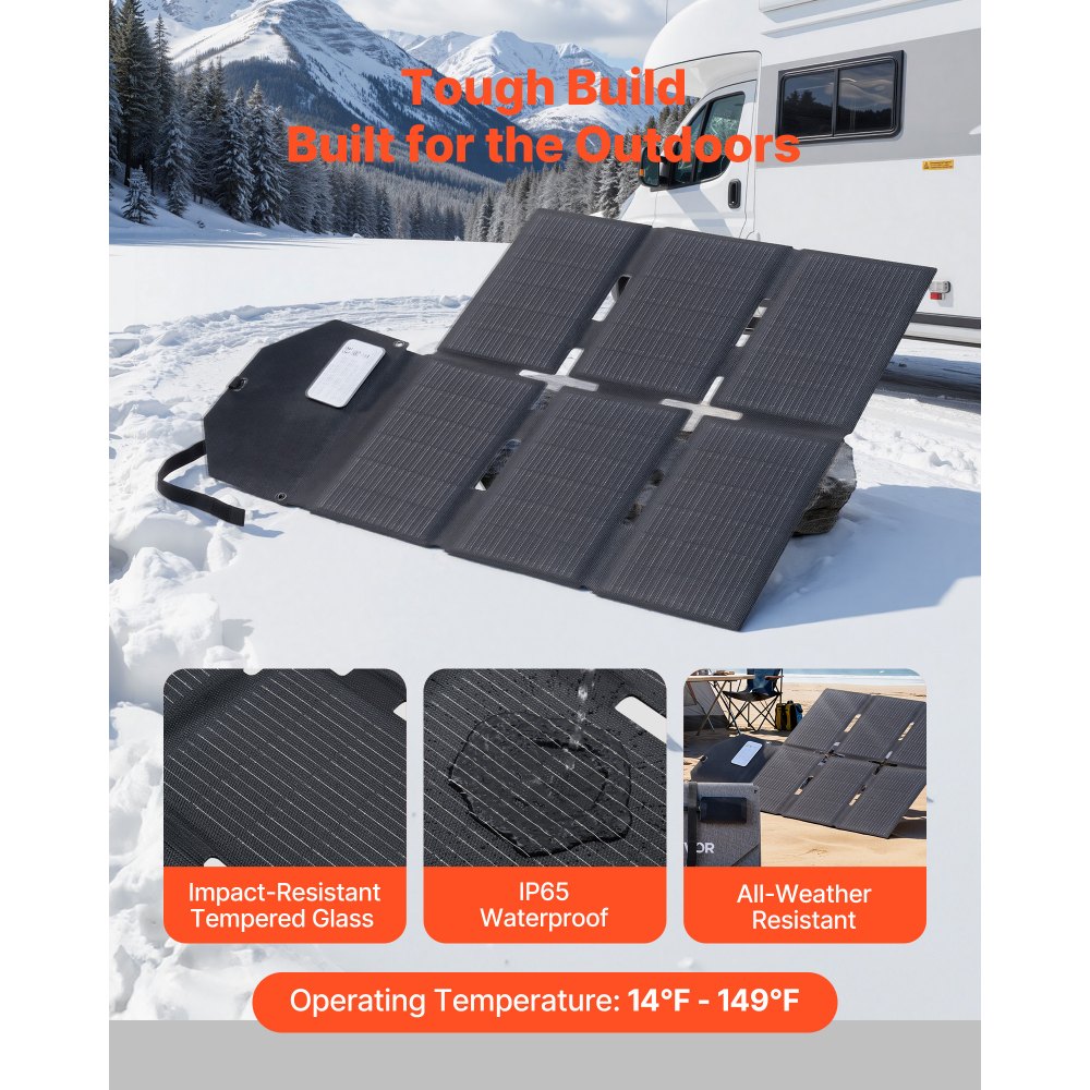 VEVOR Faltbares Solarpanel 60 W, 16BB N-Typ monokristallines Solarmodul mit 24 % Wirkungsgrad, Solarladegerät mit MC4-Ausgang, Typ-C-, USB-A- & DC-Anschlüssen für Powerstations beim Camping