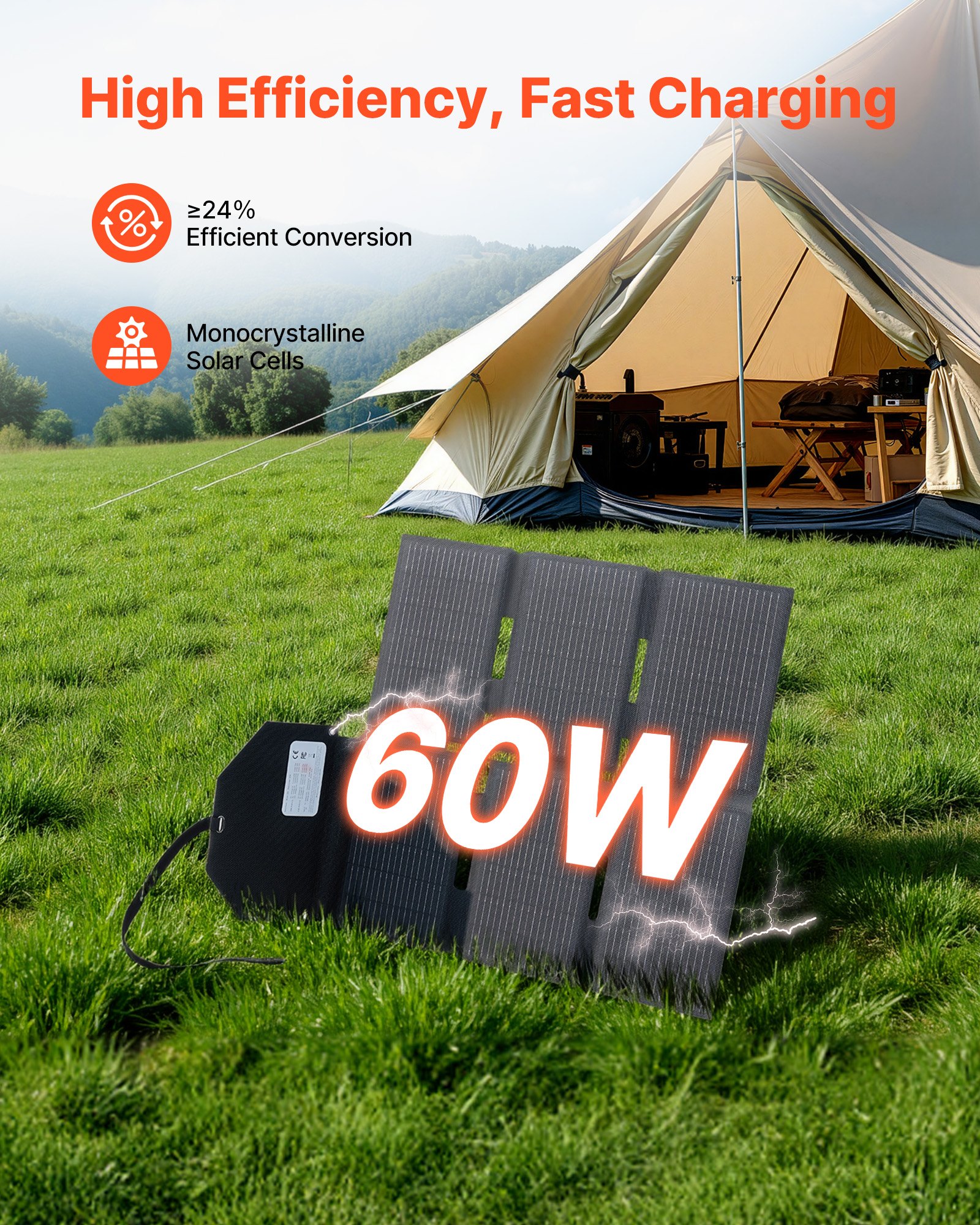 VEVOR Faltbares Solarpanel 60 W, 16BB N-Typ monokristallines Solarmodul mit 24 % Wirkungsgrad, Solarladegerät mit MC4-Ausgang, Typ-C-, USB-A- & DC-Anschlüssen für Powerstations beim Camping
