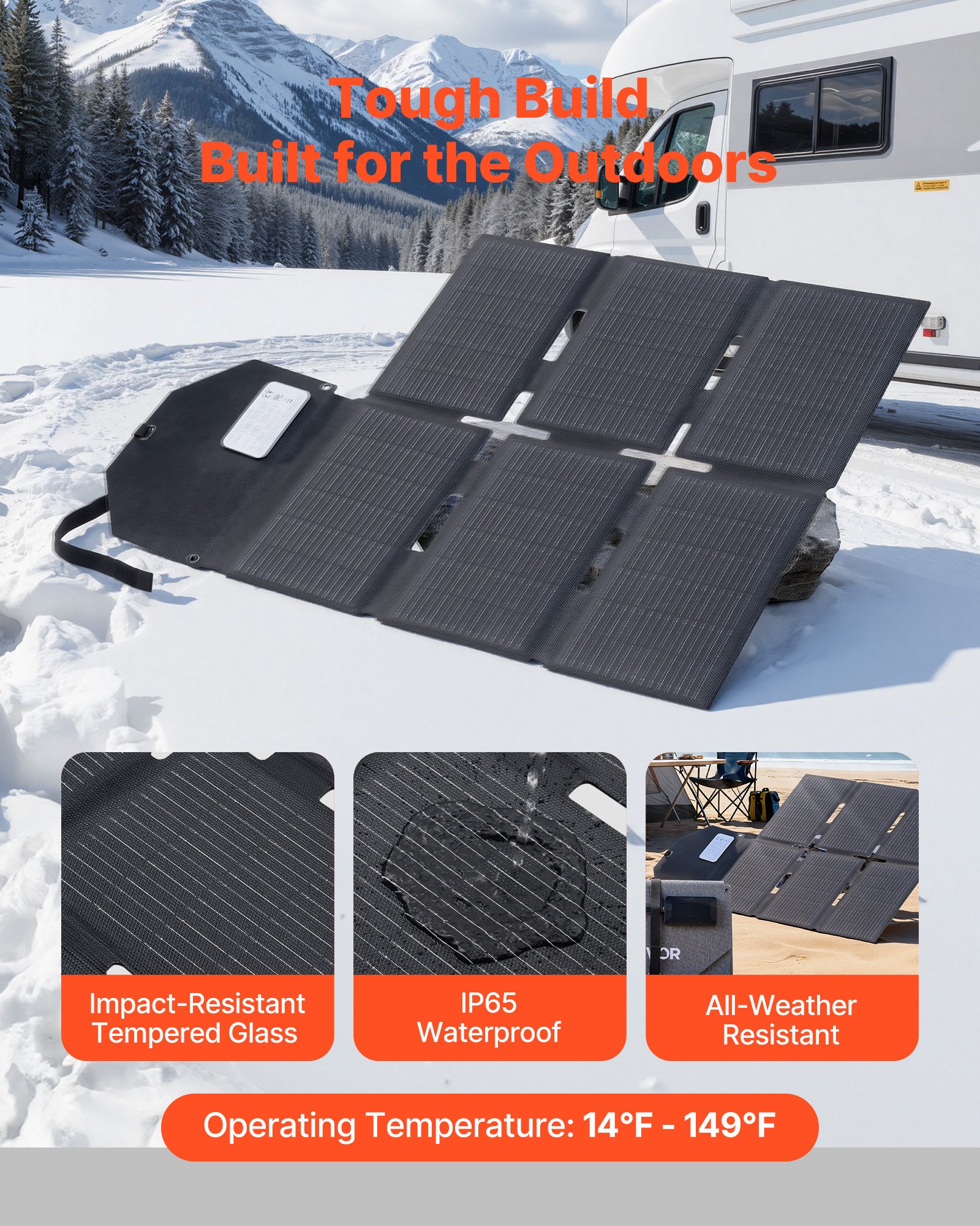 VEVOR Faltbares Solarpanel 60 W, 16BB N-Typ monokristallines Solarmodul mit 24 % Wirkungsgrad, Solarladegerät mit MC4-Ausgang, Typ-C-, USB-A- & DC-Anschlüssen für Powerstations beim Camping