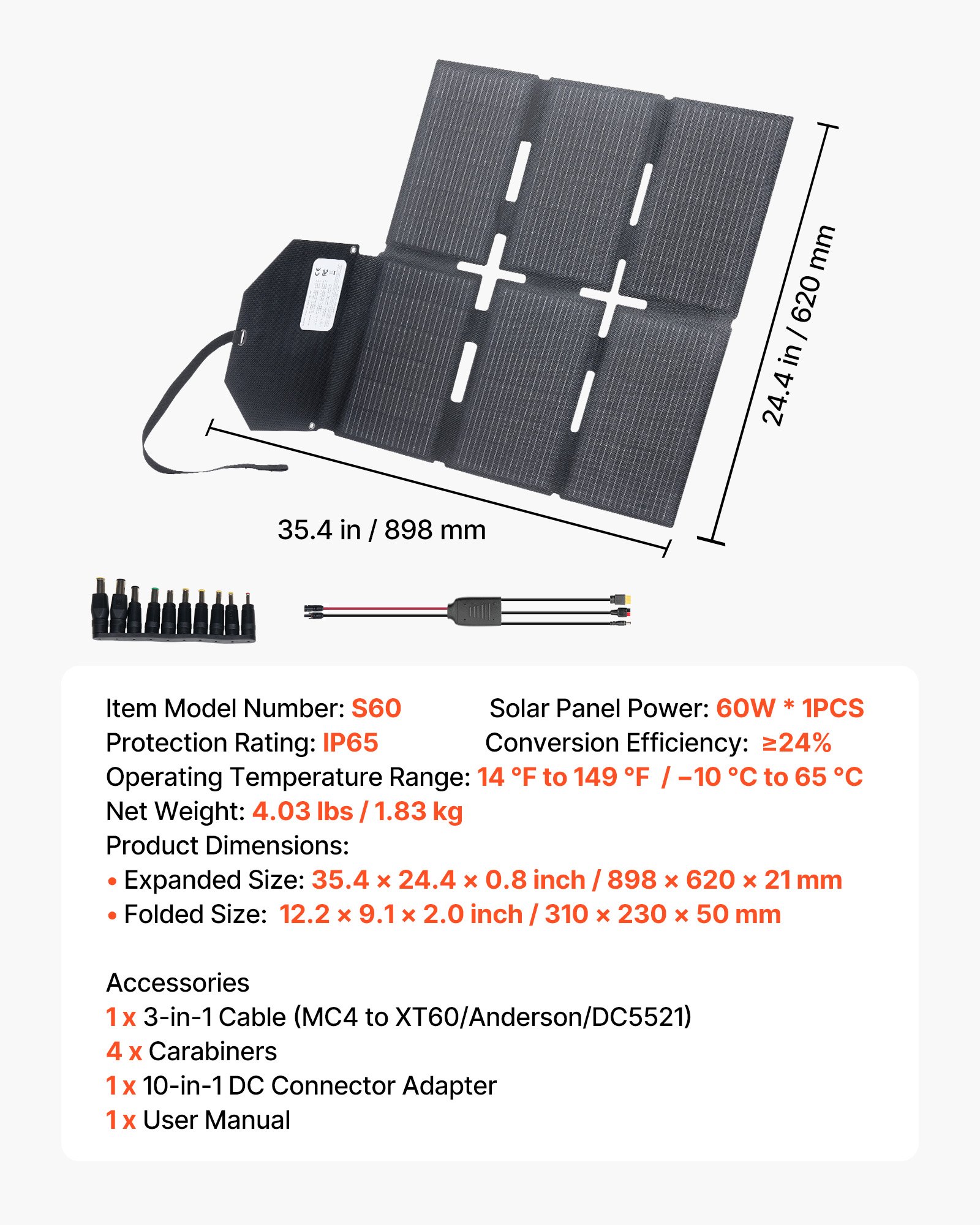 VEVOR Faltbares Solarpanel 60 W, 16BB N-Typ monokristallines Solarmodul mit 24 % Wirkungsgrad, Solarladegerät mit MC4-Ausgang, Typ-C-, USB-A- & DC-Anschlüssen für Powerstations beim Camping