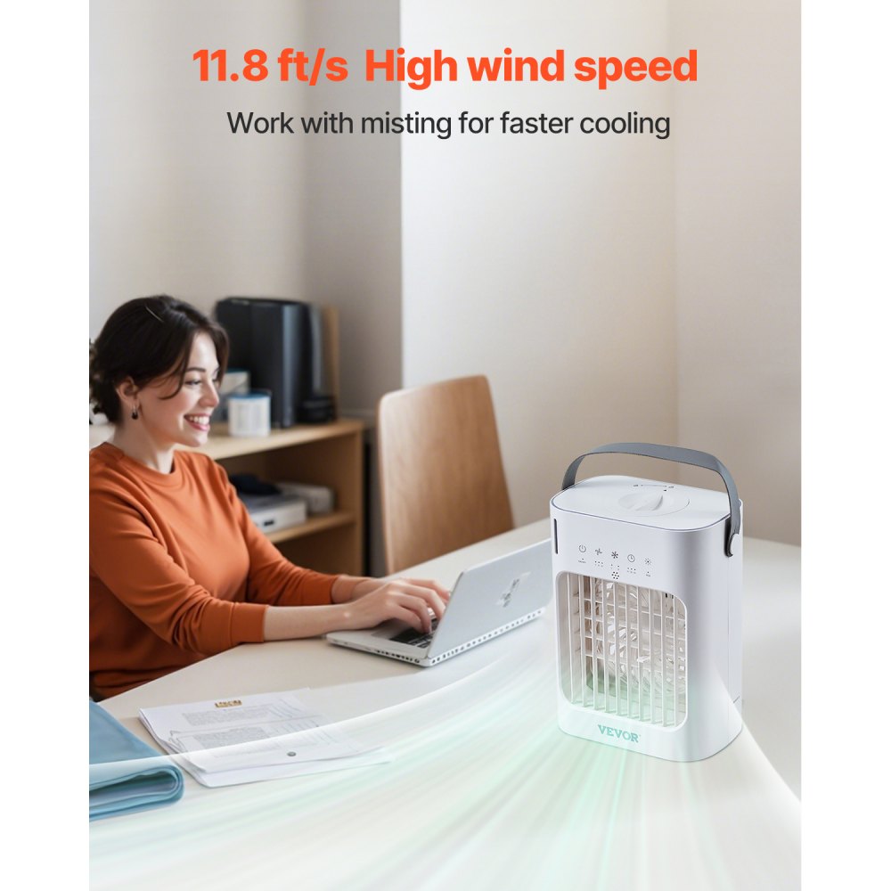 VEVOR Mobile Klimaanlage, 4-in-1-Luftkühler, 3-Gang-Mini-Aircooler mit 0-7-Stunden-Smart-Timer, 700-ml-Wassertank, 7-Farben-Licht, persönlicher Mini-Schreibtisch-AC-Ventilator für Schlafzimmer, Büro
