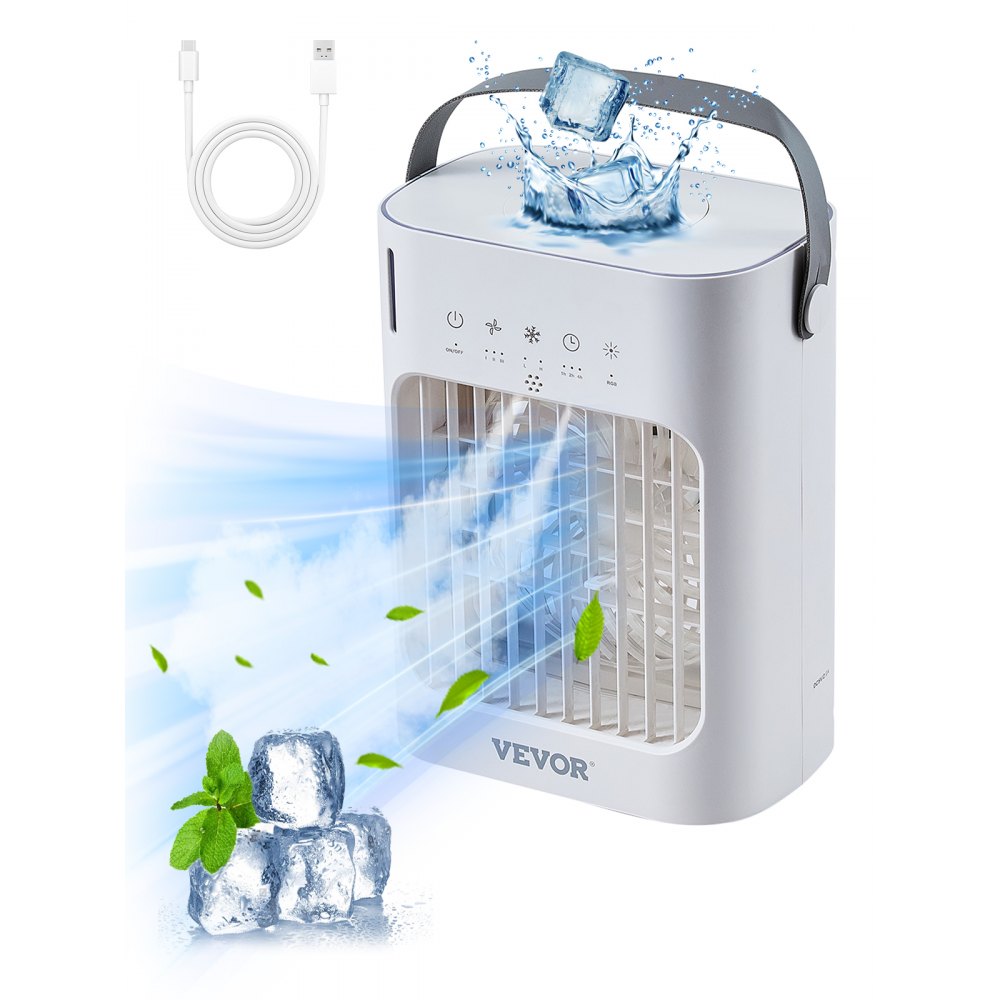 VEVOR Mobile Klimaanlage, 4-in-1-Luftkühler, 3-Gang-Mini-Aircooler mit 0-7-Stunden-Smart-Timer, 700-ml-Wassertank, 7-Farben-Licht, persönlicher Mini-Schreibtisch-AC-Ventilator für Schlafzimmer, Büro