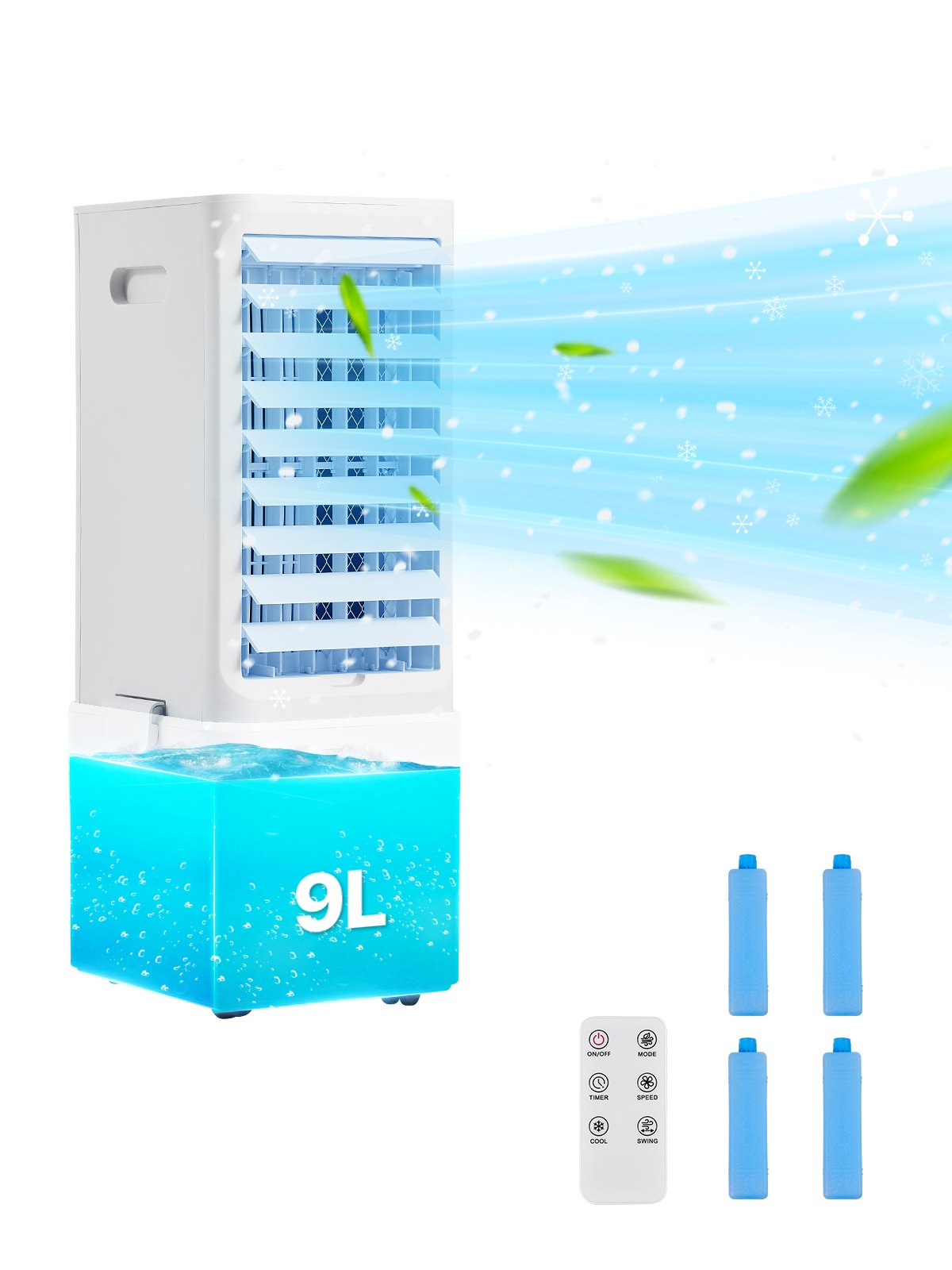 VEVOR Verdunstungskühler, 9 L, 15574 L/min, 3-in-1 Mobile Klimaanlage mit 12-Stunden-Timer & Fernbedienung, 3-stufiger Luftkühler mit 2 Eisboxen, Klimagerät, ideal für den Innen- & Außenbereich