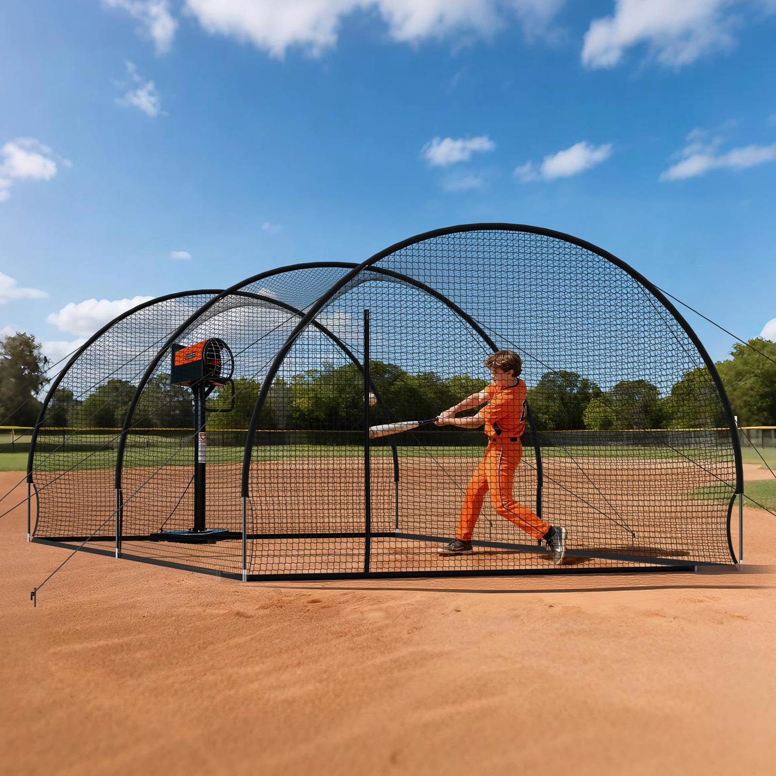 VEVOR Baseball Schlagkäfig (Halbkreisförmig) Netz 678x370x240 cm, Tragbares Trainingsnetz mit 4-lagigem & Knotenlosem Polyestergewebe & Öffnung für Wurfmaschinen, inkl. Softball Trainingskäfignetz