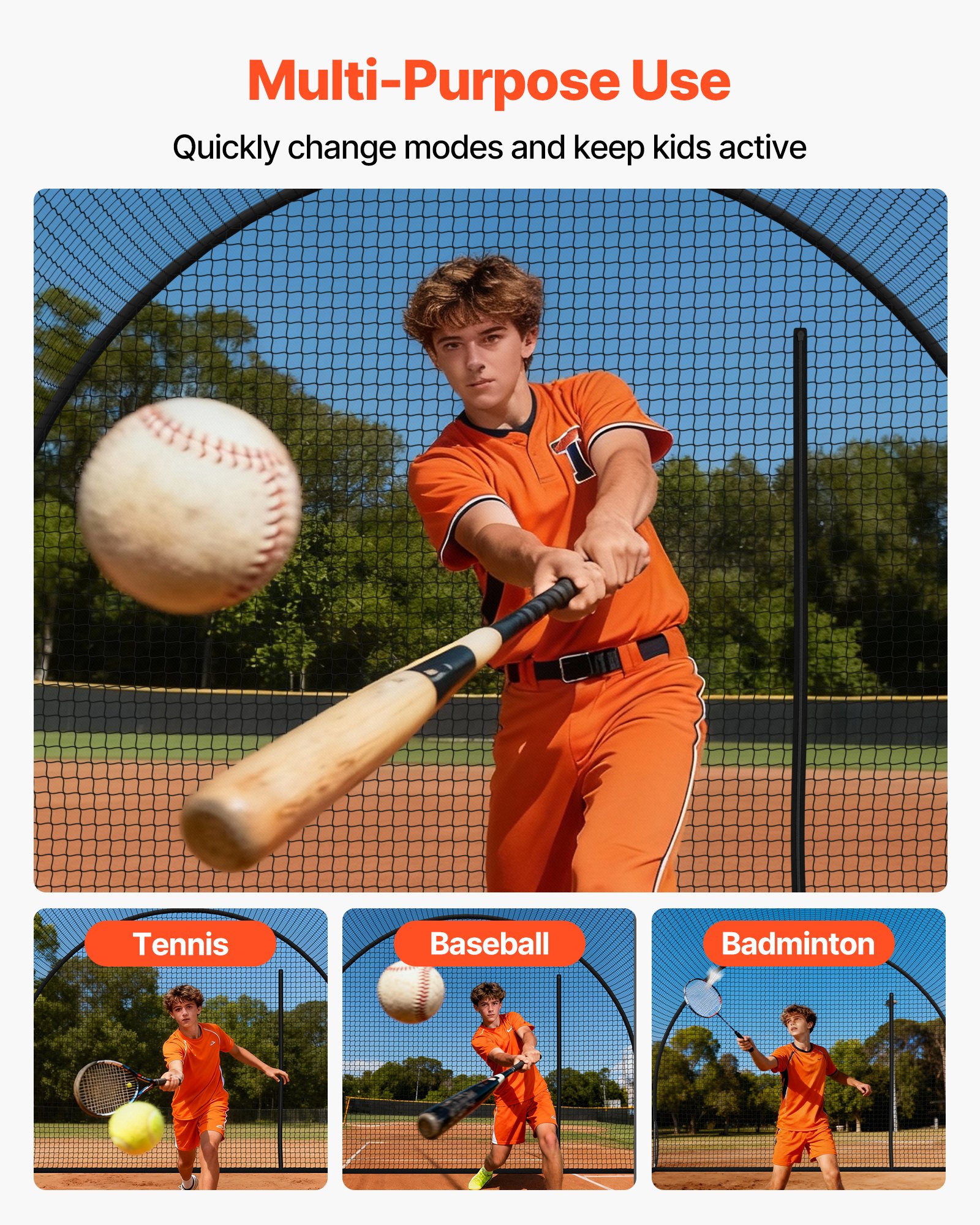 VEVOR Baseball Schlagkäfig (Halbkreisförmig) Netz 1220x370x305 cm, Tragbares Trainingsnetz mit 4-lagigem & knotenlosem Polyestergewebe & Öffnung für Wurfmaschinen, inkl. Softball Trainingskäfignetz