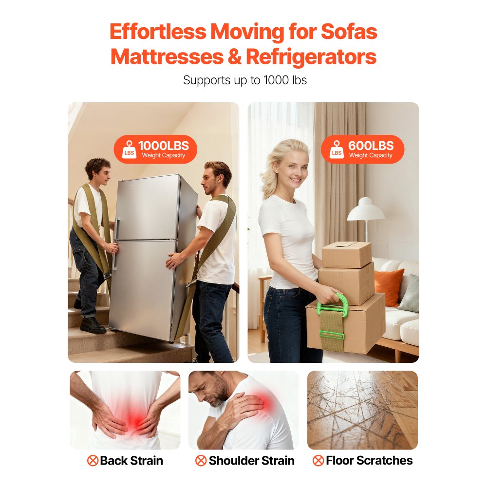 VEVOR Tragegurte, 2-Personen-Hebe- und Transportsystem mit 2 Gurten, 1 Traggurt und 1 Handgurt, verstellbare Hebe-Schultergurte zum Bewegen von Möbeln, Geräten und Matratzen