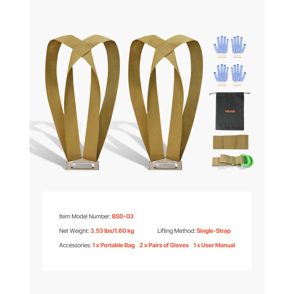 VEVOR Tragegurte, 2-Personen-Hebe- und Transportsystem mit 2 Gurten, 1 Traggurt und 1 Handgurt, verstellbare Hebe-Schultergurte zum Bewegen von Möbeln, Geräten und Matratzen