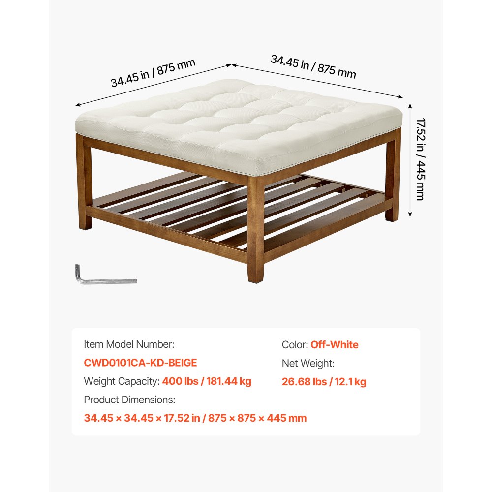 VEVOE Large Square Ottoman Coffee Table, 87.5 cm Tufted Coffee Table with Solid Wood Shelf Storage, Linen Solid Upholstered Footrest Ottoman for Bedroom Living Room, 400 LBS, Off-White