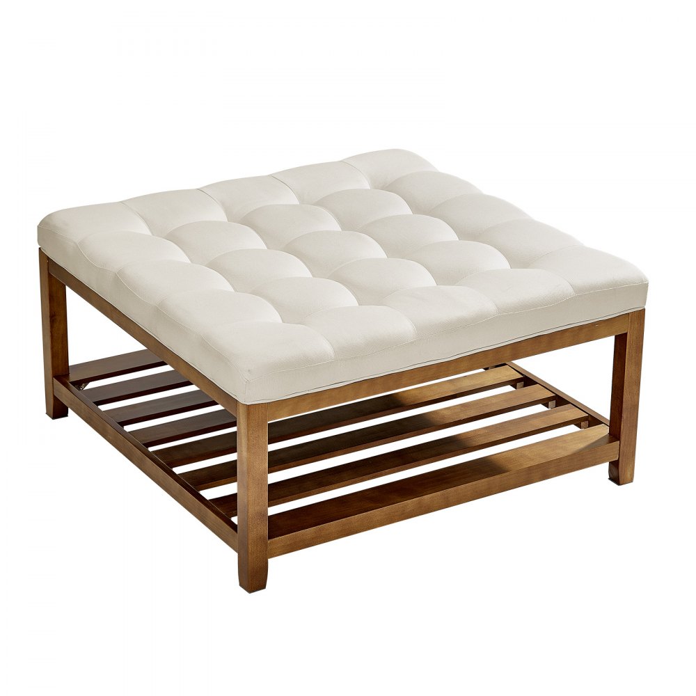 VEVOE Large Square Ottoman Coffee Table, 87.5 cm Tufted Coffee Table with Solid Wood Shelf Storage, Linen Solid Upholstered Footrest Ottoman for Bedroom Living Room, 400 LBS, Off-White