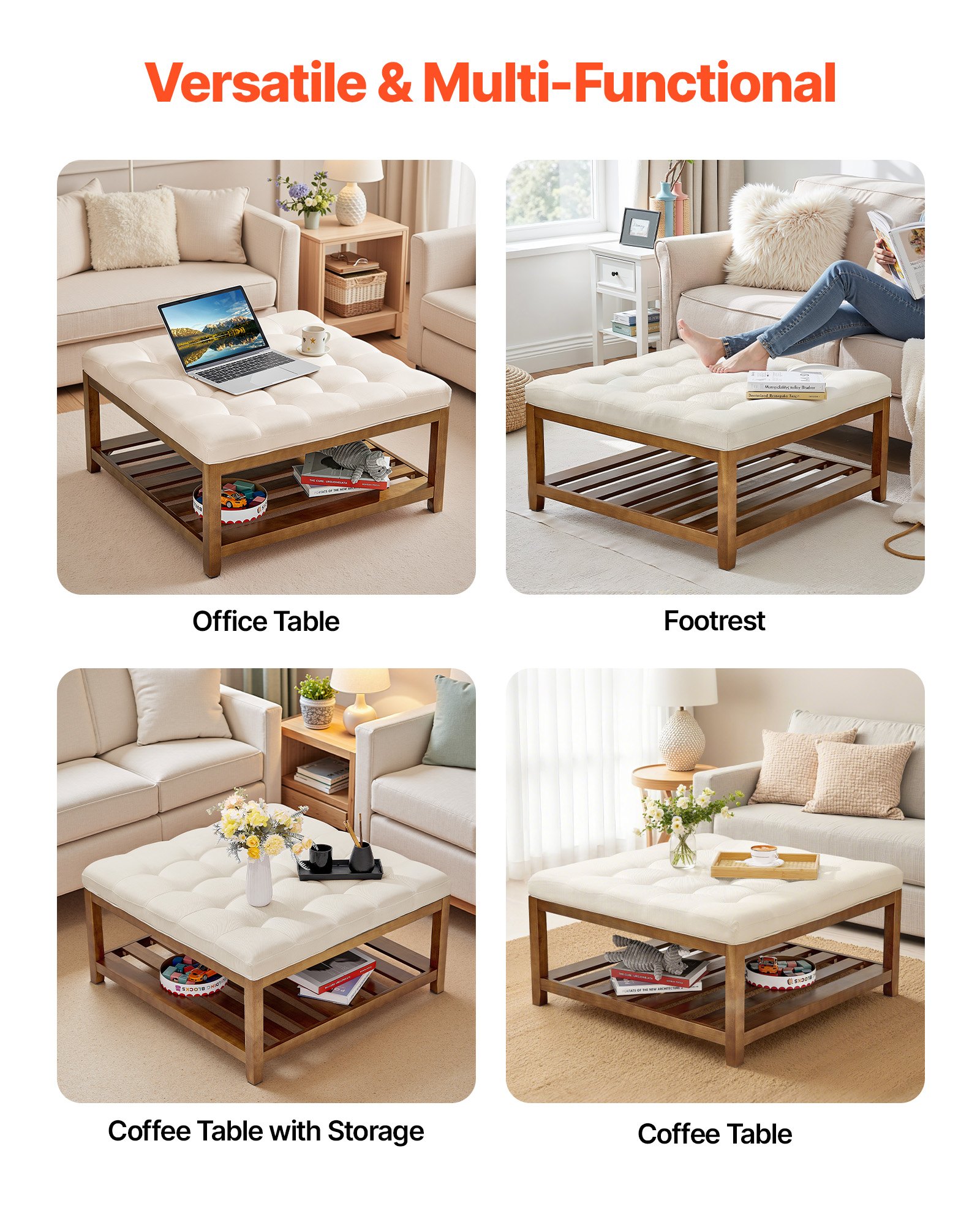 VEVOR quadratischer Couchtisch (875 x 875 x 445 mm) mit Ablagefläche aus Massivholz, massiv gepolsterte Ottomane mit Fußstütze aus Leinen für Schlafzimmer Wohnzimmer, 181,44 kg, Cremeweiß