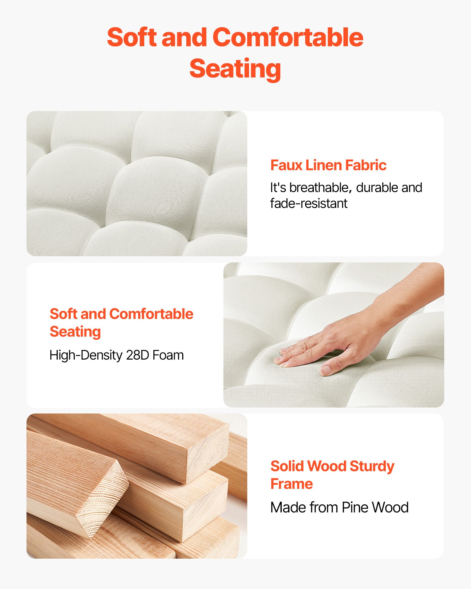 VEVOE Large Square Ottoman Coffee Table, 87.5 cm Tufted Coffee Table with Solid Wood Shelf Storage, Linen Solid Upholstered Footrest Ottoman for Bedroom Living Room, 400 LBS, Off-White