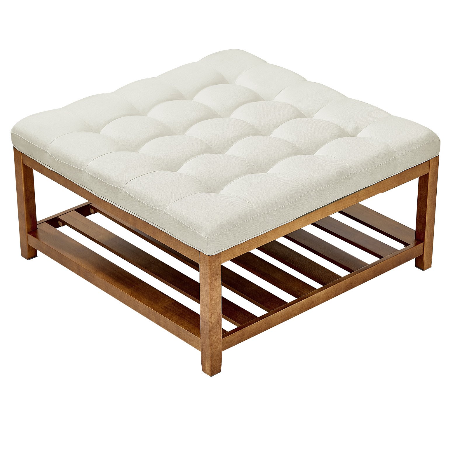 VEVOE Large Square Ottoman Coffee Table, 87.5 cm Tufted Coffee Table with Solid Wood Shelf Storage, Linen Solid Upholstered Footrest Ottoman for Bedroom Living Room, 400 LBS, Off-White