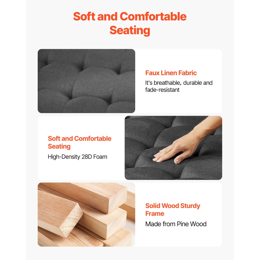 VEVOR quadratischer Couchtisch (875 x 875 x 445 mm) mit Ablagefläche aus Massivholz, massiv gepolsterte Ottomane mit Fußstütze aus Leinen für Schlafzimmer Wohnzimmer, 181,44 kg, Dunkelgrau