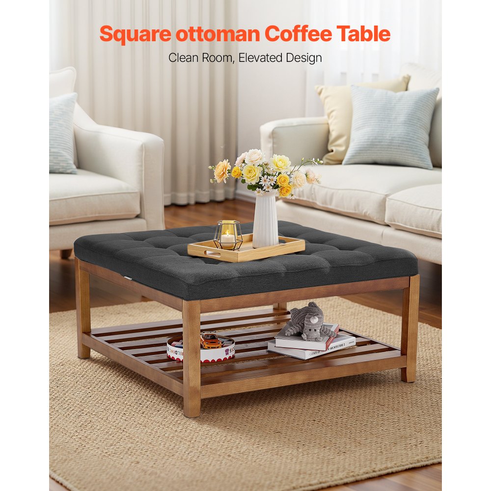VEVOE Large Square Ottoman Coffee Table, 87.5 cm Tufted Coffee Table with Solid Wood Shelf Storage, Linen Solid Upholstered Footrest Ottoman for Bedroom Living Room, 400 LBS, Dark Gray