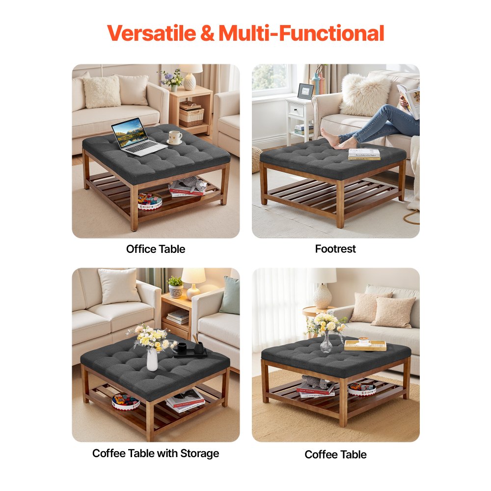 VEVOE Large Square Ottoman Coffee Table, 87.5 cm Tufted Coffee Table with Solid Wood Shelf Storage, Linen Solid Upholstered Footrest Ottoman for Bedroom Living Room, 400 LBS, Dark Gray