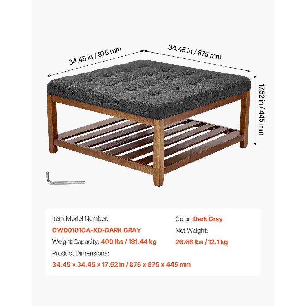 VEVOE Large Square Ottoman Coffee Table, 87.5 cm Tufted Coffee Table with Solid Wood Shelf Storage, Linen Solid Upholstered Footrest Ottoman for Bedroom Living Room, 400 LBS, Dark Gray