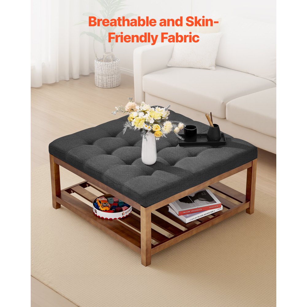 VEVOE Large Square Ottoman Coffee Table, 87.5 cm Tufted Coffee Table with Solid Wood Shelf Storage, Linen Solid Upholstered Footrest Ottoman for Bedroom Living Room, 400 LBS, Dark Gray