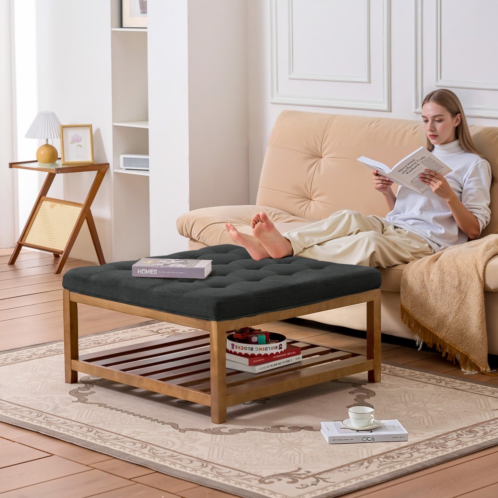 VEVOE Large Square Ottoman Coffee Table, 87.5 cm Tufted Coffee Table with Solid Wood Shelf Storage, Linen Solid Upholstered Footrest Ottoman for Bedroom Living Room, 400 LBS, Dark Gray