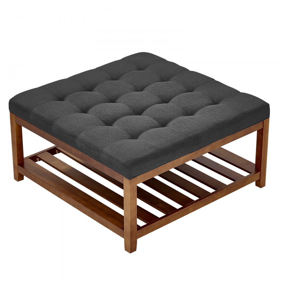 VEVOE Large Square Ottoman Coffee Table, 87.5 cm Tufted Coffee Table with Solid Wood Shelf Storage, Linen Solid Upholstered Footrest Ottoman for Bedroom Living Room, 400 LBS, Dark Gray