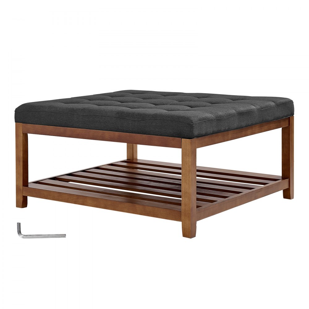 VEVOE Large Square Ottoman Coffee Table, 87.5 cm Tufted Coffee Table with Solid Wood Shelf Storage, Linen Solid Upholstered Footrest Ottoman for Bedroom Living Room, 400 LBS, Dark Gray