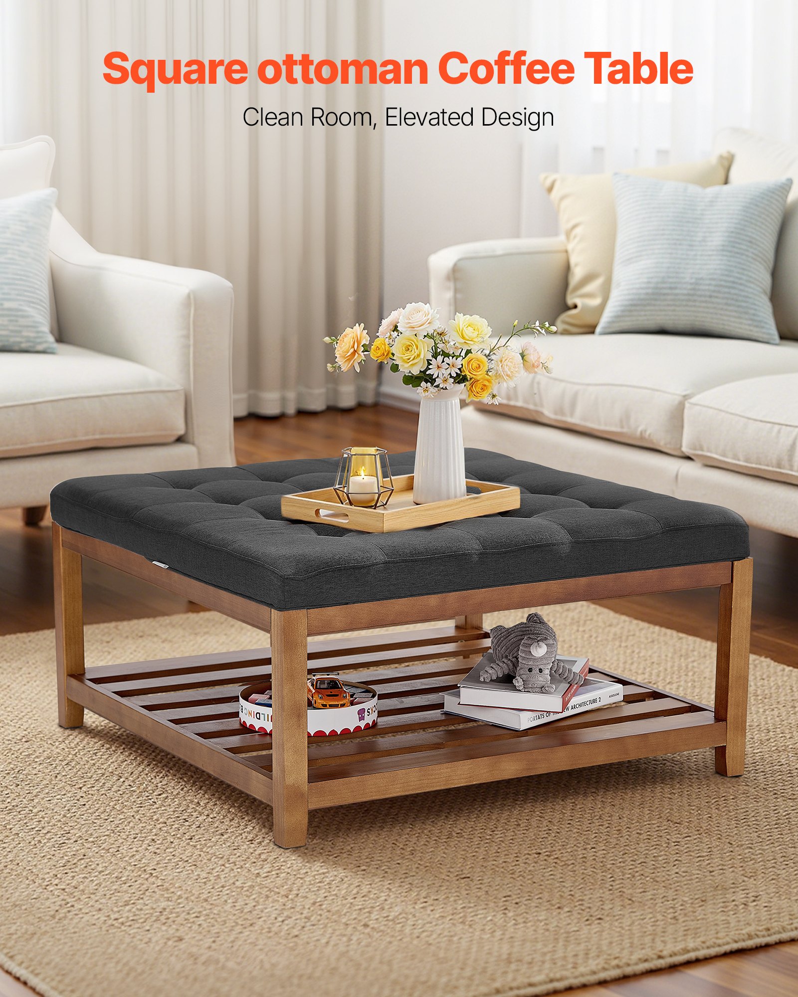 VEVOE Large Square Ottoman Coffee Table, 87.5 cm Tufted Coffee Table with Solid Wood Shelf Storage, Linen Solid Upholstered Footrest Ottoman for Bedroom Living Room, 400 LBS, Dark Gray