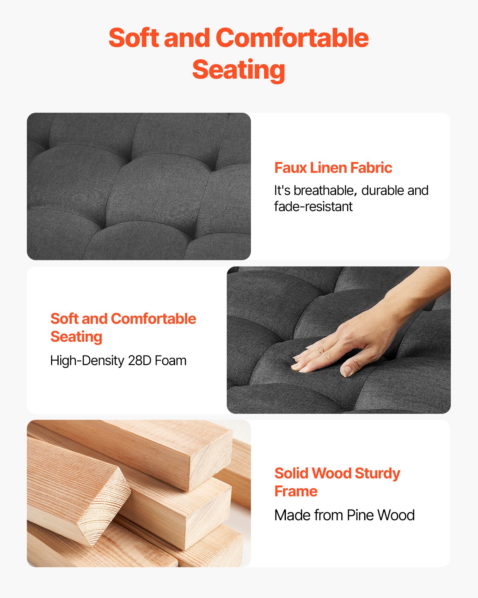 VEVOE Large Square Ottoman Coffee Table, 87.5 cm Tufted Coffee Table with Solid Wood Shelf Storage, Linen Solid Upholstered Footrest Ottoman for Bedroom Living Room, 400 LBS, Dark Gray