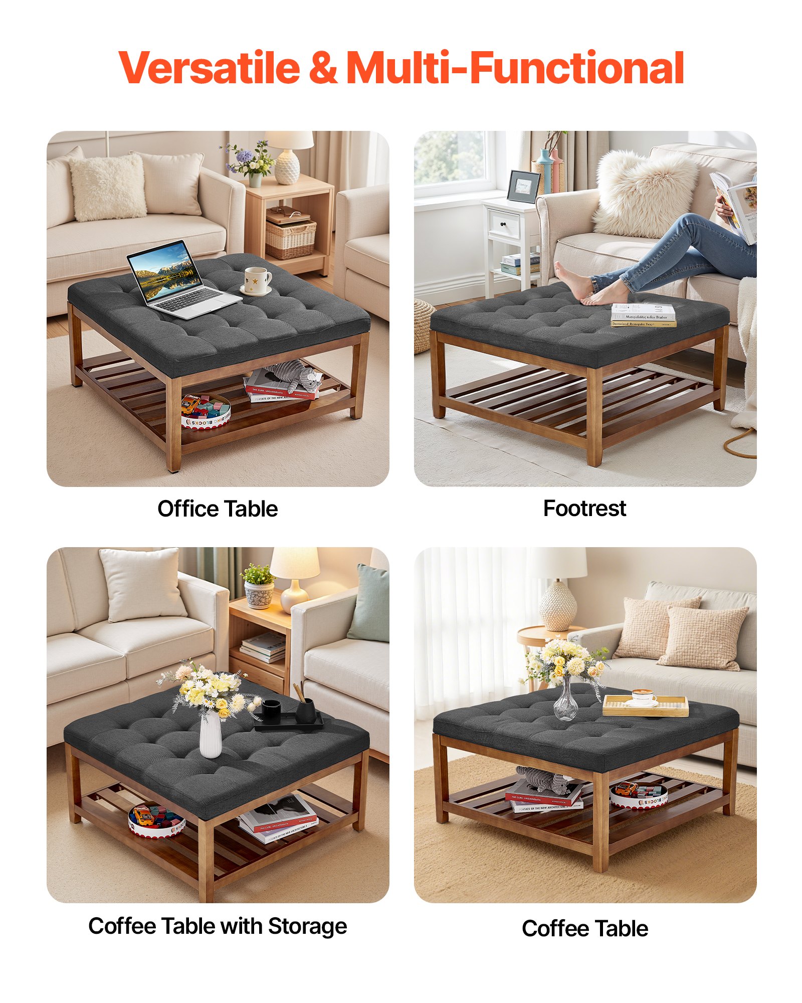 VEVOE Large Square Ottoman Coffee Table, 87.5 cm Tufted Coffee Table with Solid Wood Shelf Storage, Linen Solid Upholstered Footrest Ottoman for Bedroom Living Room, 400 LBS, Dark Gray