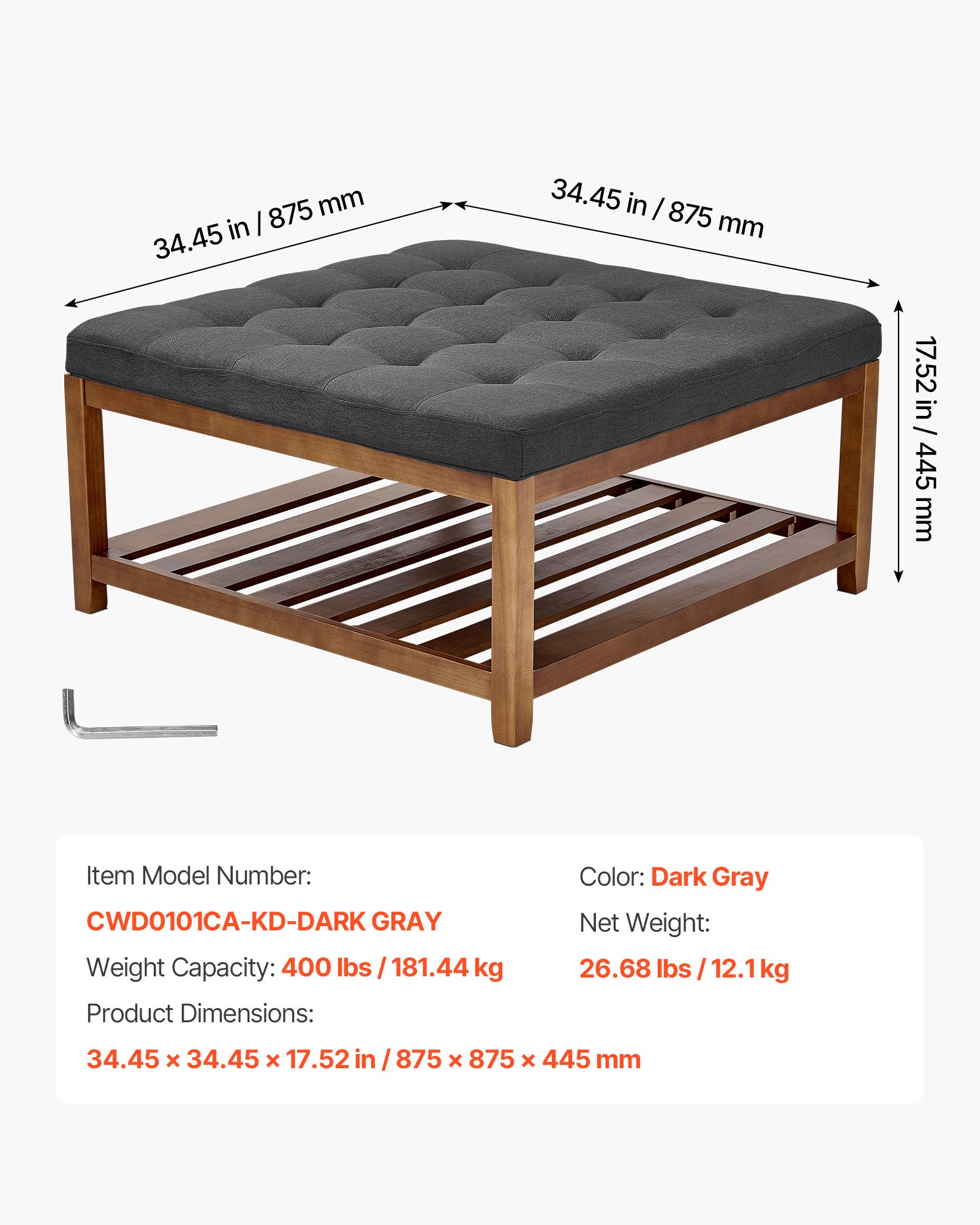 VEVOE Large Square Ottoman Coffee Table, 87.5 cm Tufted Coffee Table with Solid Wood Shelf Storage, Linen Solid Upholstered Footrest Ottoman for Bedroom Living Room, 400 LBS, Dark Gray