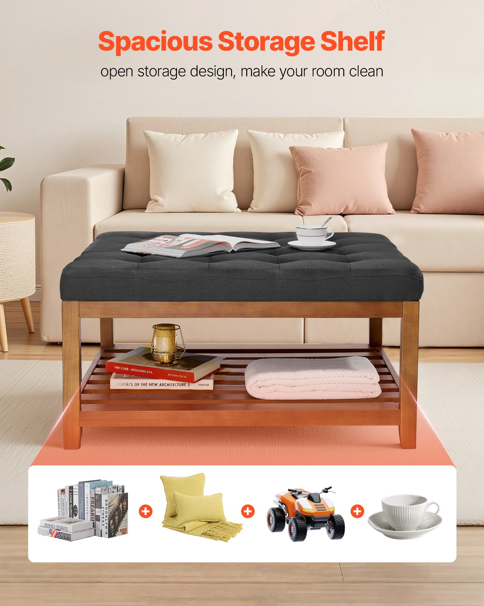 VEVOE Large Square Ottoman Coffee Table, 87.5 cm Tufted Coffee Table with Solid Wood Shelf Storage, Linen Solid Upholstered Footrest Ottoman for Bedroom Living Room, 400 LBS, Dark Gray
