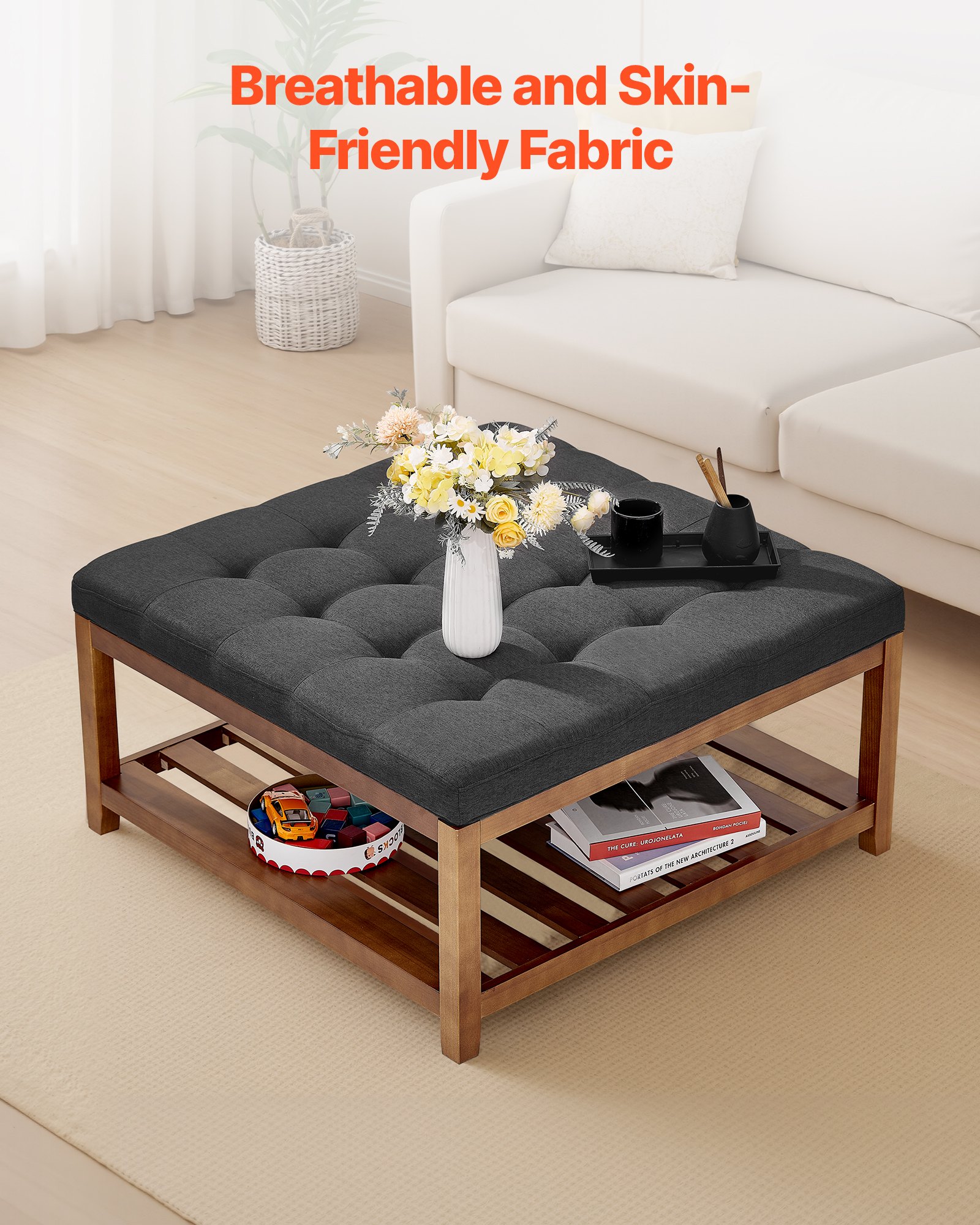 VEVOE Large Square Ottoman Coffee Table, 87.5 cm Tufted Coffee Table with Solid Wood Shelf Storage, Linen Solid Upholstered Footrest Ottoman for Bedroom Living Room, 400 LBS, Dark Gray