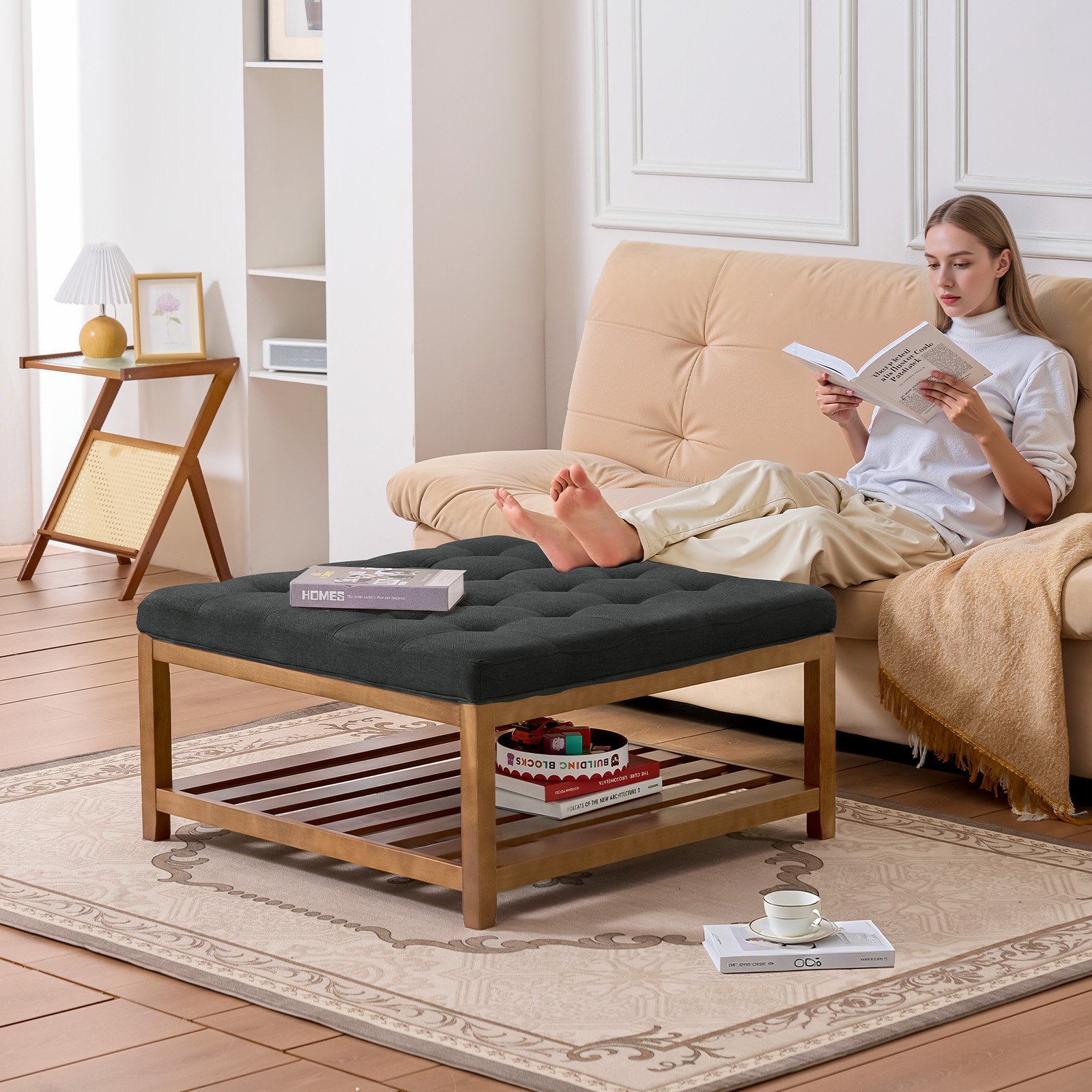 VEVOE Large Square Ottoman Coffee Table, 87.5 cm Tufted Coffee Table with Solid Wood Shelf Storage, Linen Solid Upholstered Footrest Ottoman for Bedroom Living Room, 400 LBS, Dark Gray