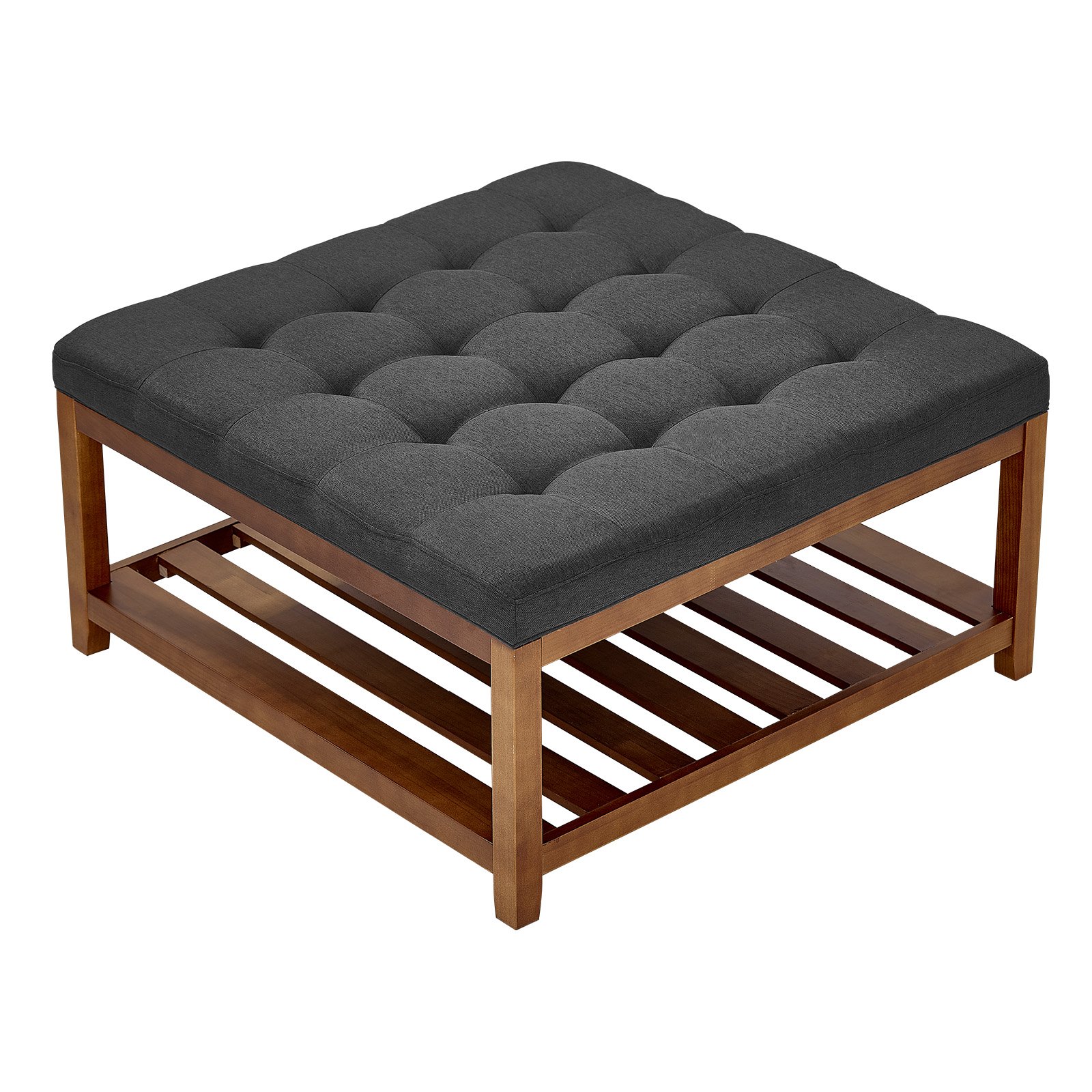 VEVOE Large Square Ottoman Coffee Table, 87.5 cm Tufted Coffee Table with Solid Wood Shelf Storage, Linen Solid Upholstered Footrest Ottoman for Bedroom Living Room, 400 LBS, Dark Gray