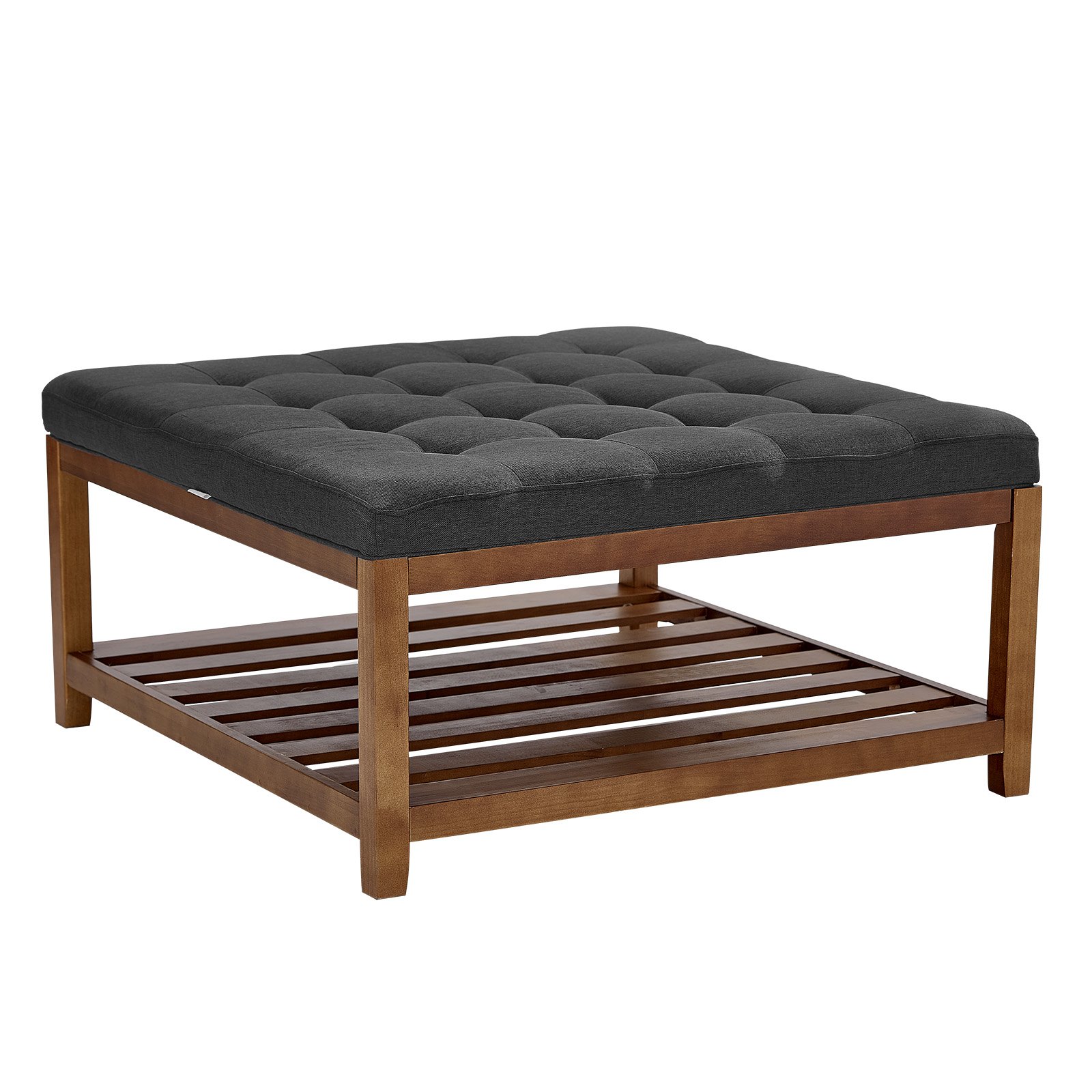 VEVOE Large Square Ottoman Coffee Table, 87.5 cm Tufted Coffee Table with Solid Wood Shelf Storage, Linen Solid Upholstered Footrest Ottoman for Bedroom Living Room, 400 LBS, Dark Gray