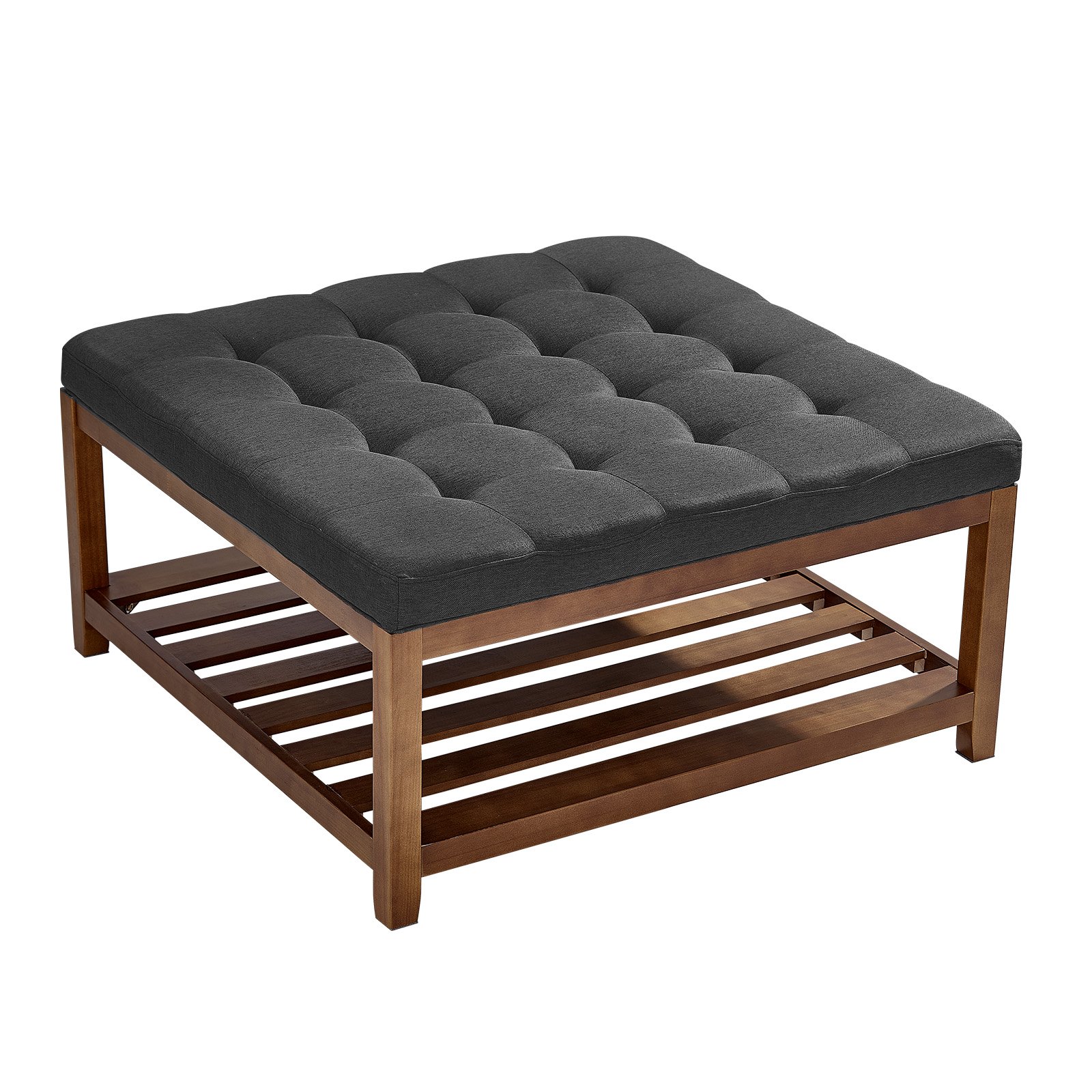 VEVOE Large Square Ottoman Coffee Table, 87.5 cm Tufted Coffee Table with Solid Wood Shelf Storage, Linen Solid Upholstered Footrest Ottoman for Bedroom Living Room, 400 LBS, Dark Gray