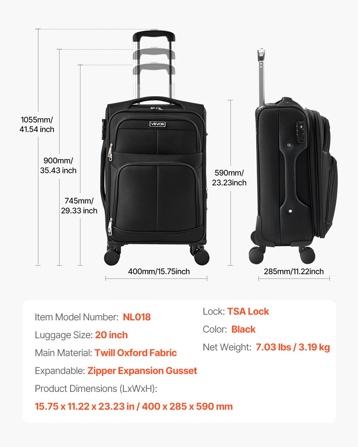 VEVOR erweiterbares Weichgepäck Reisekoffer mit Spinner-Rädern (400 x 285 x 620 mm), Stoffkoffer Handgepäck mit erweiterbarer Reißverschlusstasche & TSA-Schloss Schwarzer Handgepäckkoffer