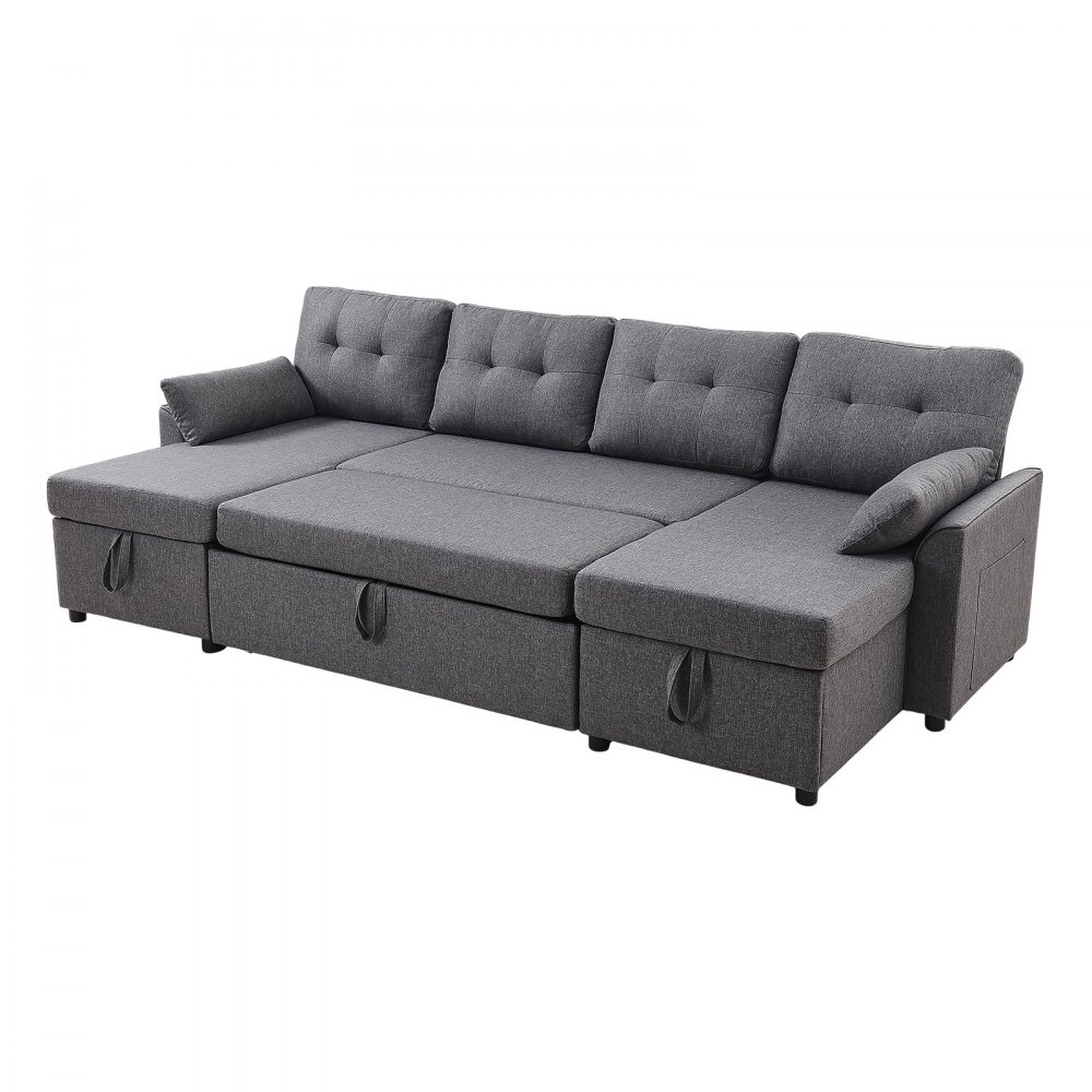 VEVOR U-förmiges Schlafsofa, umwandelbares Bettsofa mit 2 Seitentaschen & 2 Kissen & Doppel-Chaiselongue, Ausziehschlafcouch für 6-Sitzer mit viel Stauraum für Wohnzimmer, Wohnung, Metallrahmen