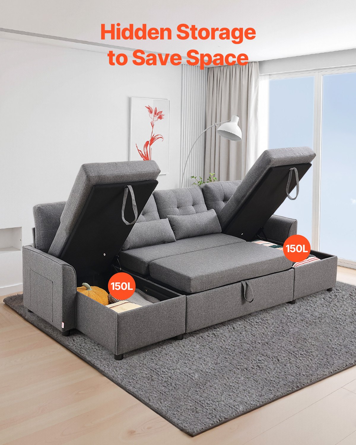 VEVOR U-förmiges Schlafsofa, umwandelbares Bettsofa mit 2 Seitentaschen & 2 Kissen & Doppel-Chaiselongue, Ausziehschlafcouch für 6-Sitzer mit viel Stauraum für Wohnzimmer, Wohnung, Metallrahmen