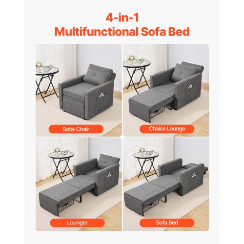 VEVOR Schlafsofa umbaubares Schlafbett mit Seitentasche & Kissen & Armlehne, Schlafsessel Einzelsessel mit 5-fach verstellbarer Rückenlehne,